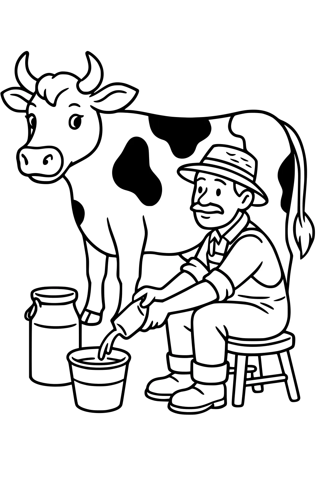 Farmer milking a spotted cow with bucket and milk cans on the ground.