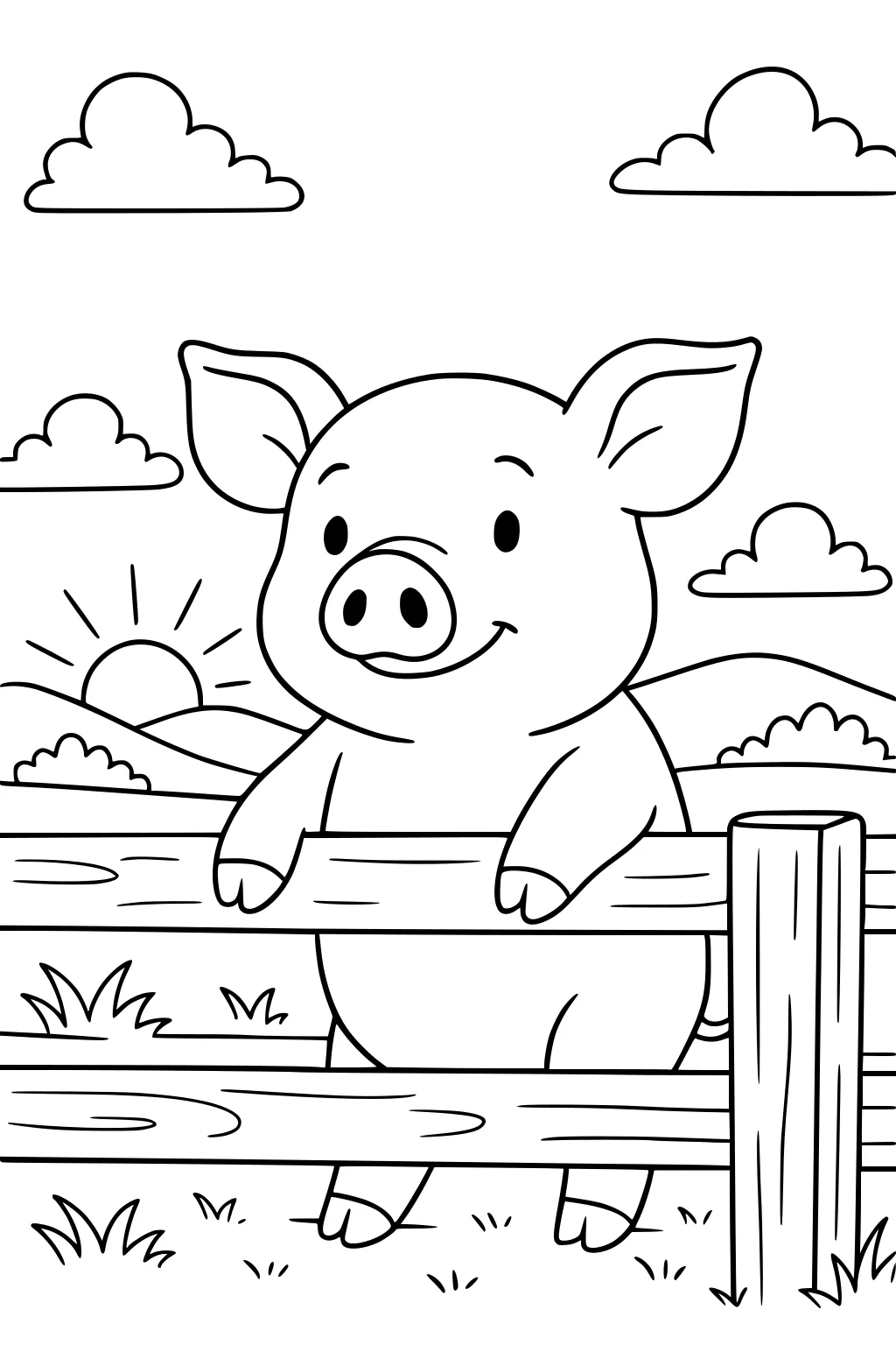 Cartoon pig smiling with front legs on a wooden fence, sun rising over hills, clouds, and grass around.