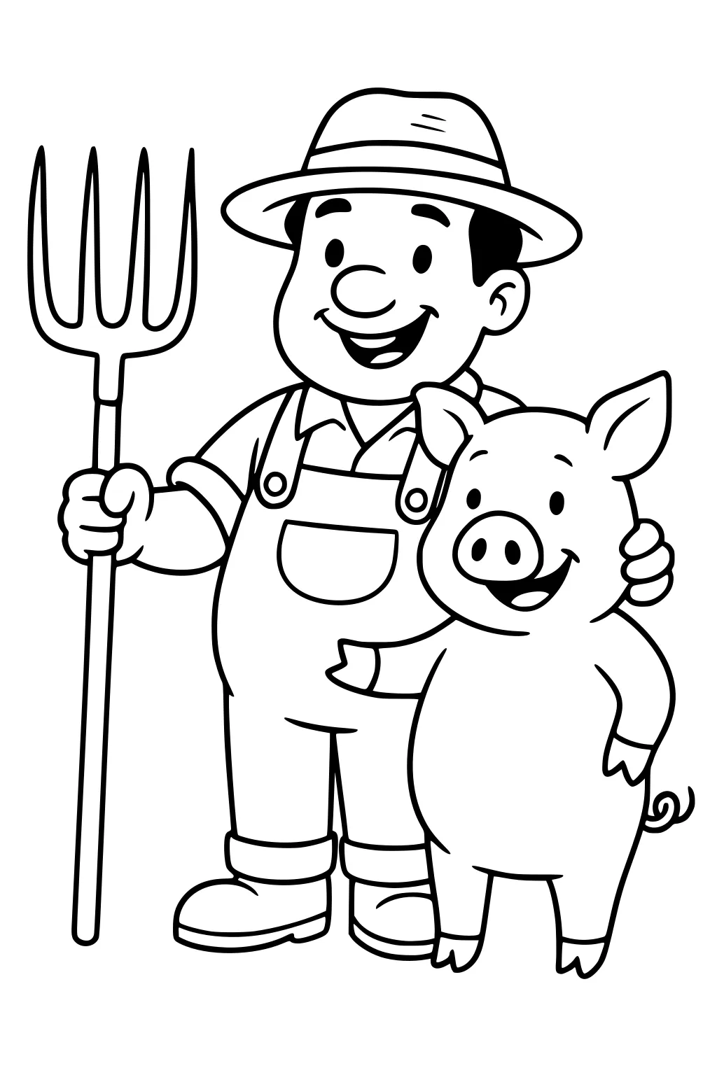 Farmer boy in overalls and hat stands next to a smiling pig, with arm around pig and holding a pitchfork.