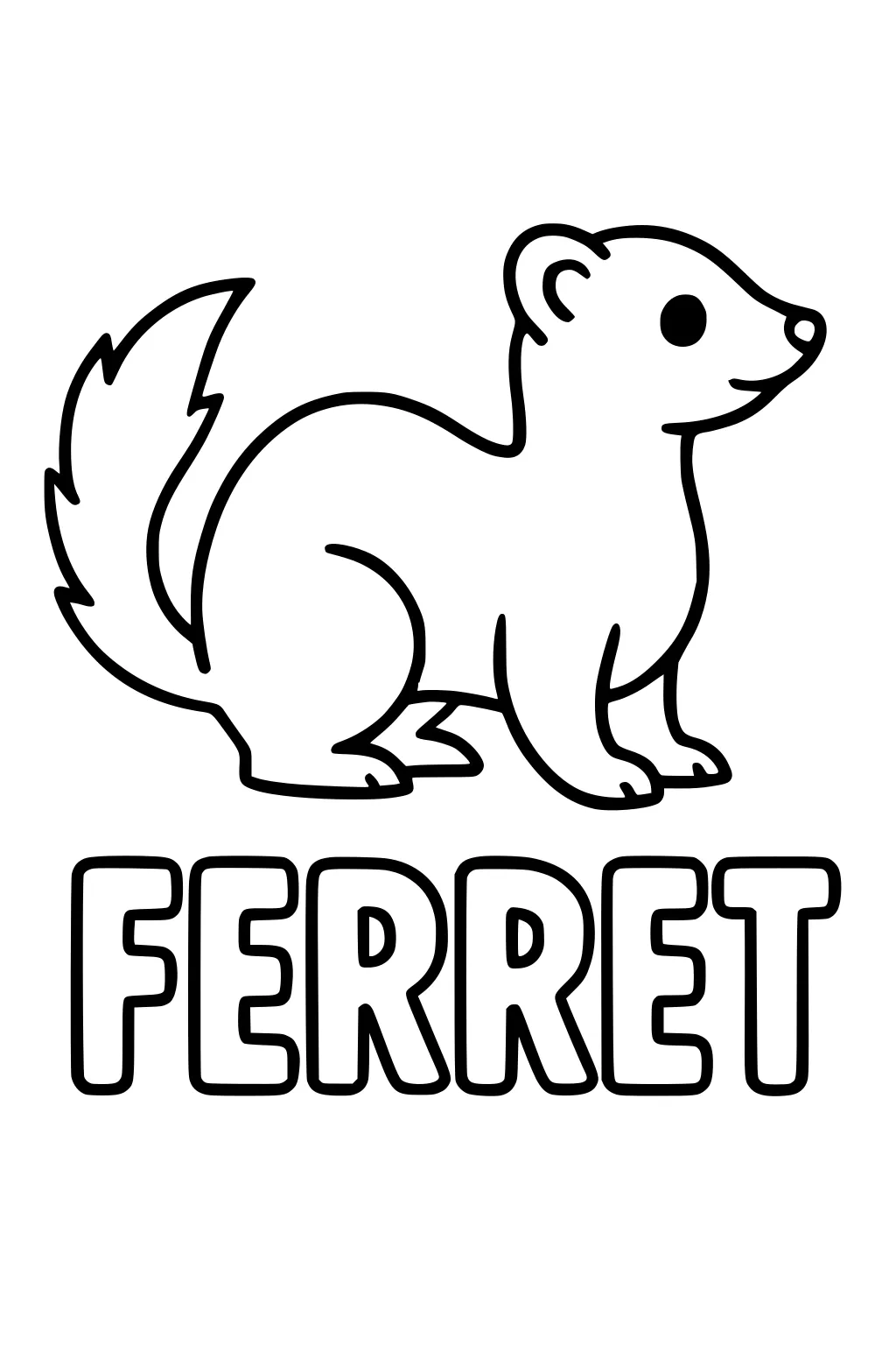 Cartoon ferret with fluffy tail standing above the word FERRET in bold block letters.