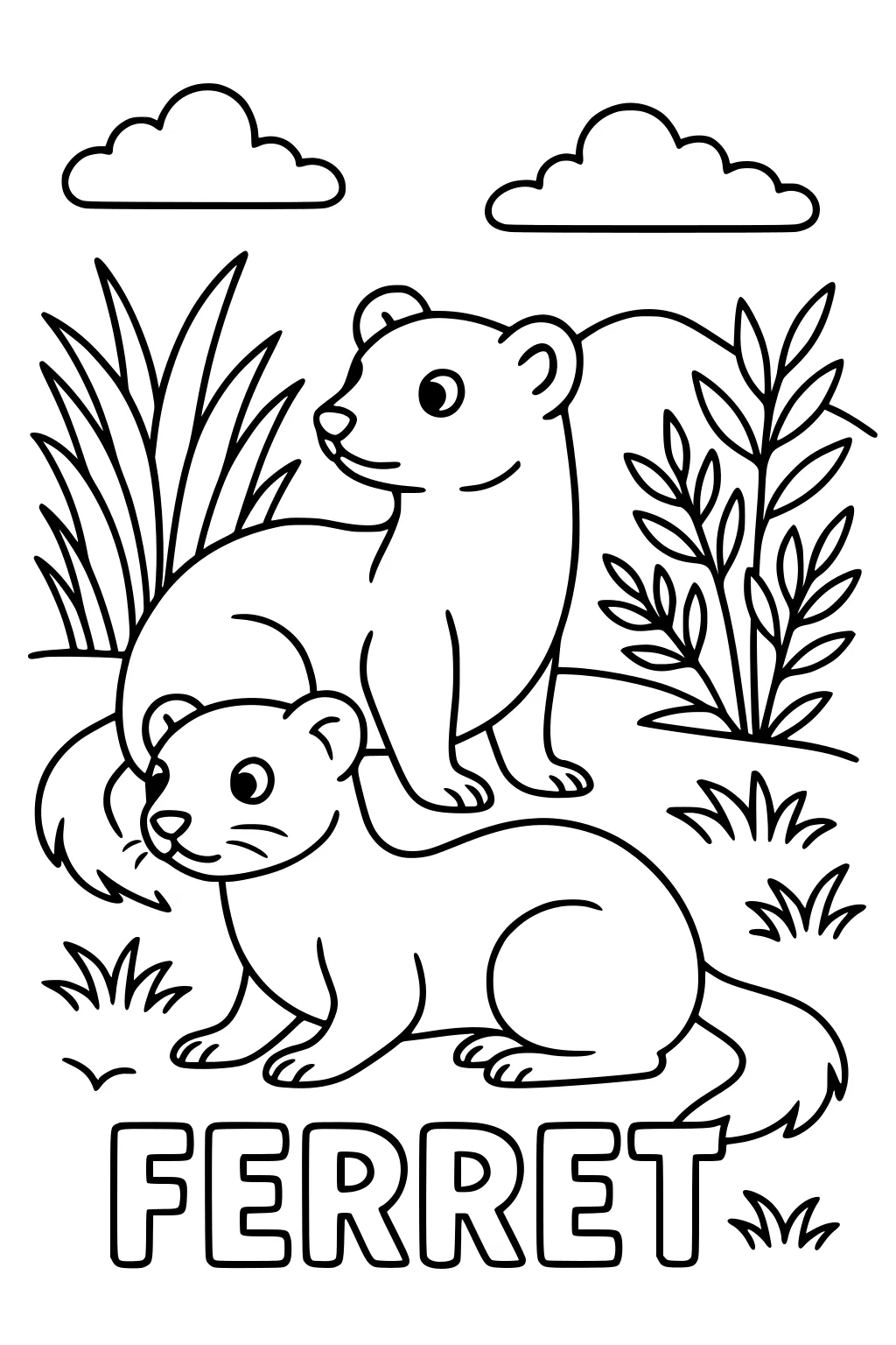 Two ferrets in grass with bushes, clouds, and FERRET in large letters at the bottom.