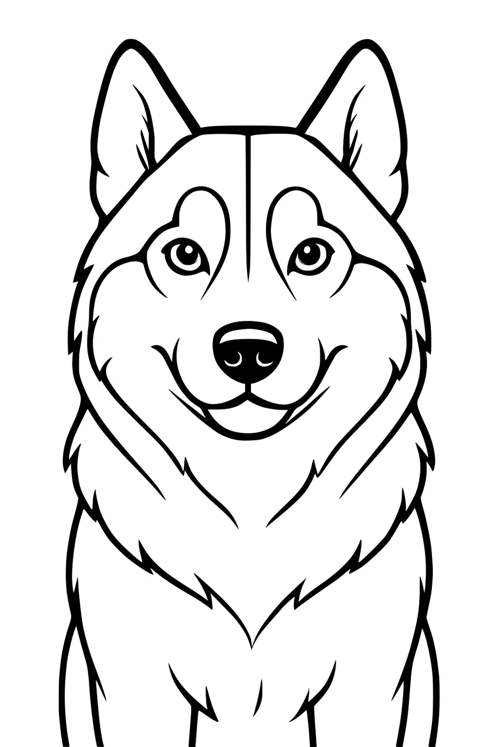 Black and white line drawing of a fluffy dog sitting and looking forward with alert ears and a friendly face.
