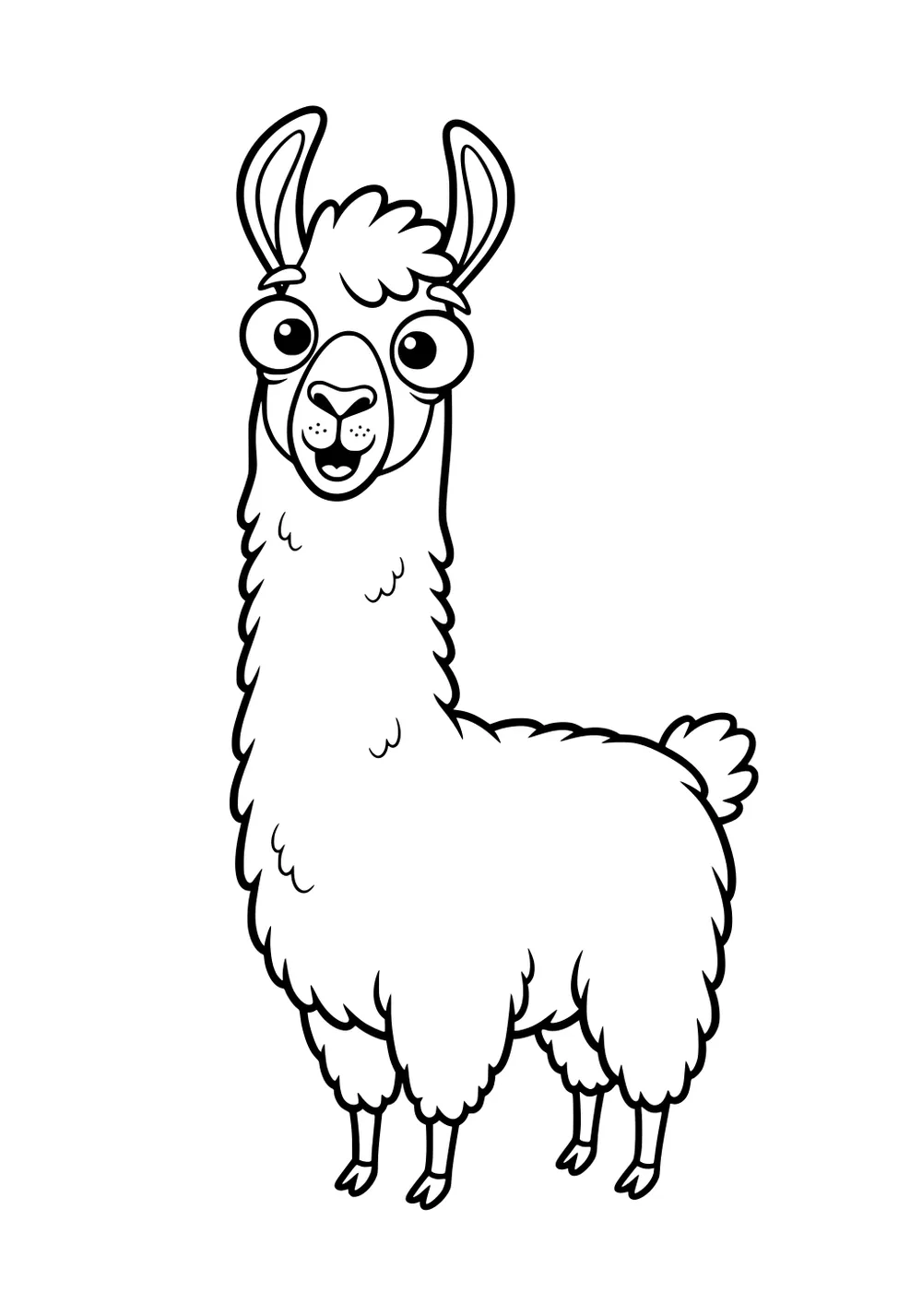 Cartoon llama standing with fluffy fur, big round eyes, upright ears, and open mouth in a simple outline drawing.