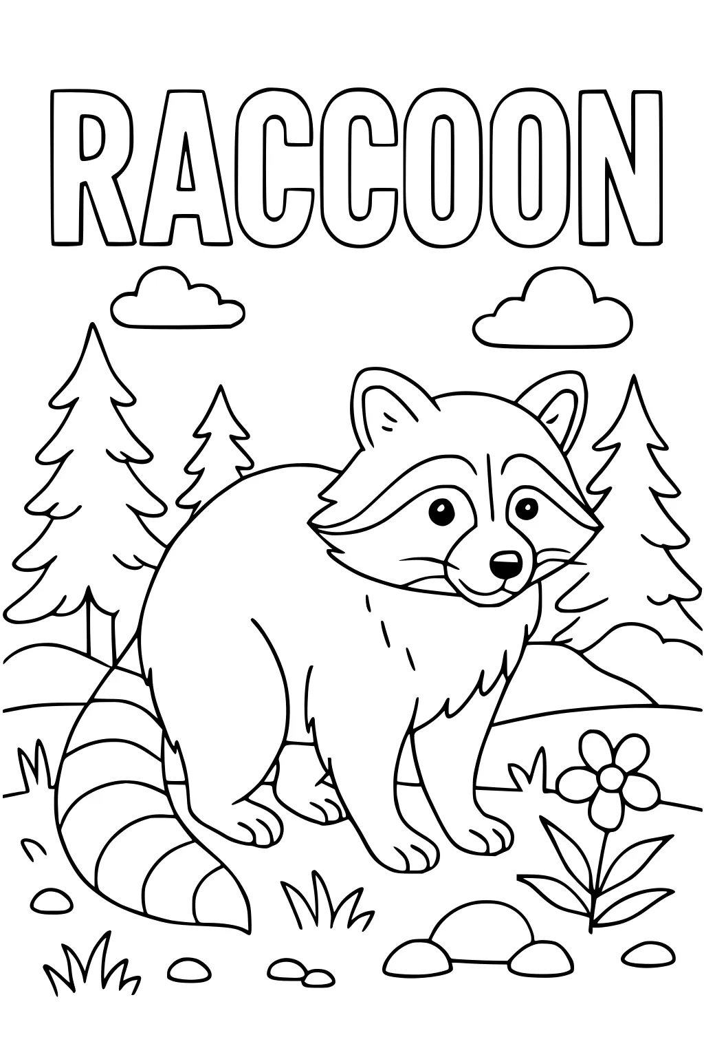 Smiling raccoon with striped tail in a forest clearing. Trees, clouds, rocks, grass, and a flower surround the animal.