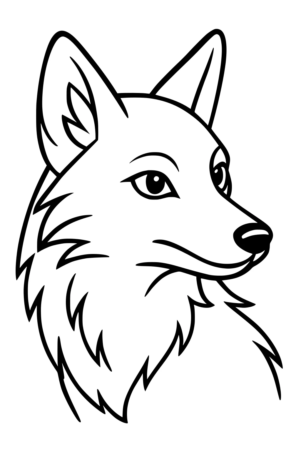 Line drawing of a fox head with large ears, fluffy fur, and alert eyes, looking off to the side.