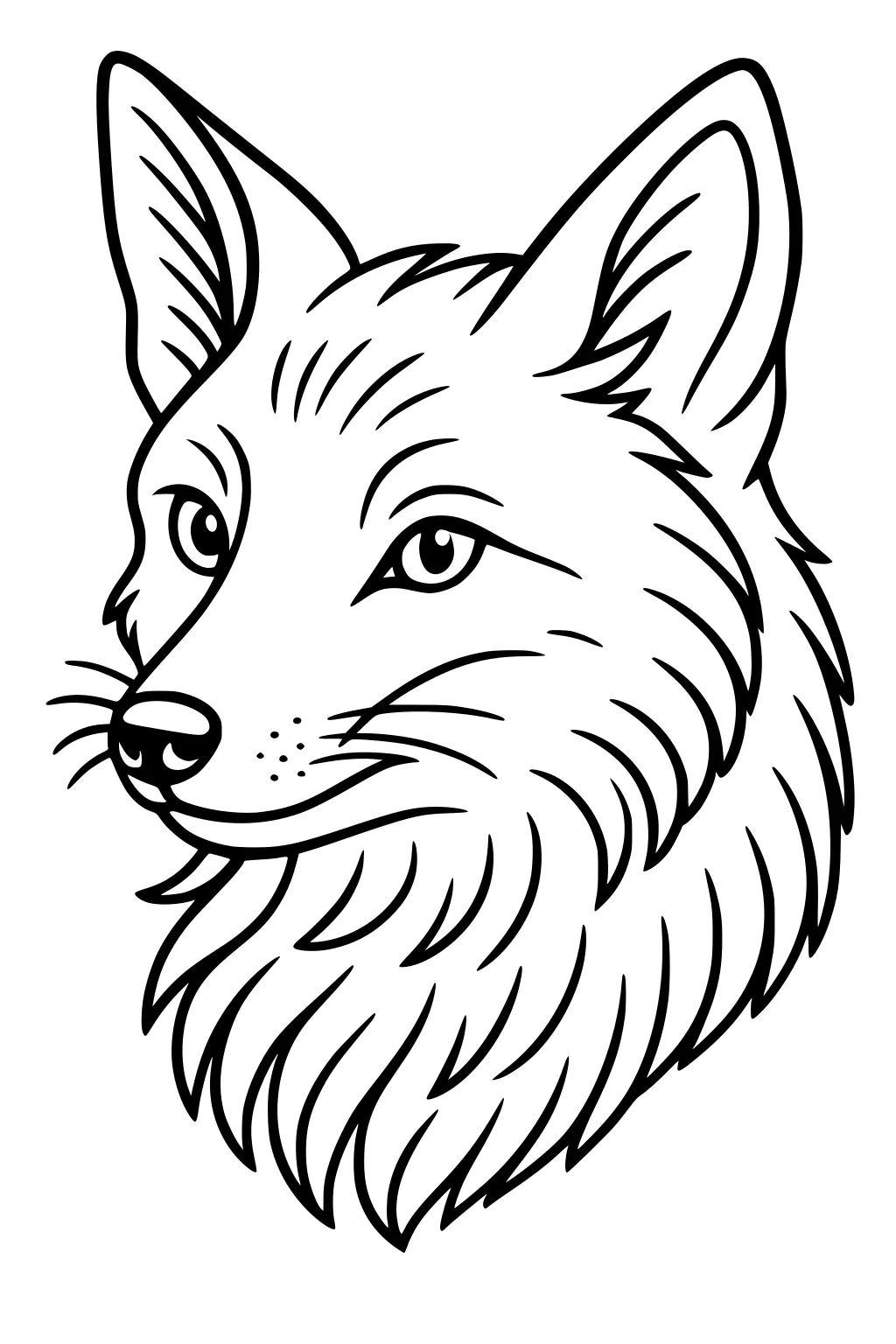 Outline drawing of a fox head with fluffy fur, pointy ears, and lively eyes looking forward.