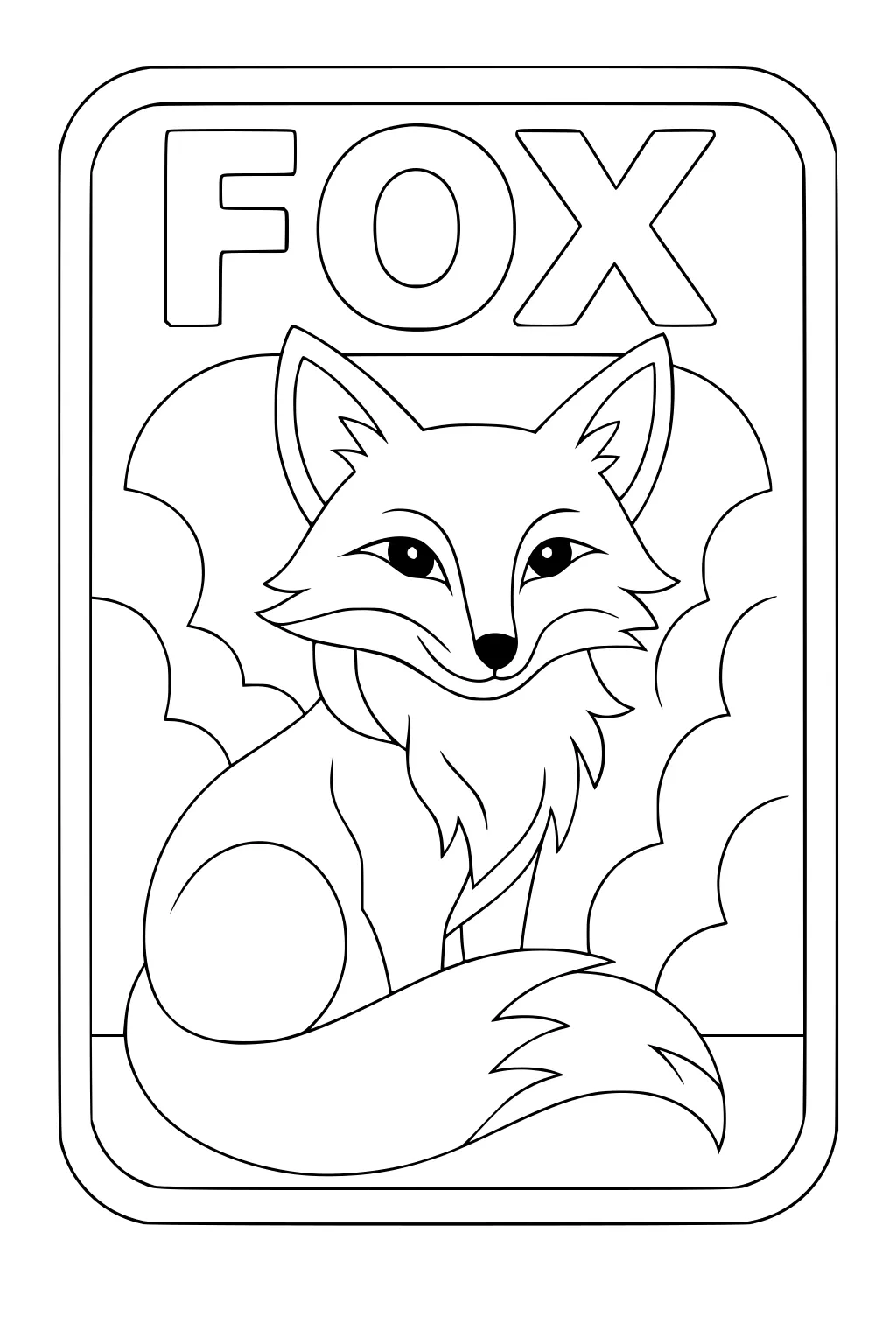 Smiling cartoon fox with bushy tail sitting inside a rectangle frame, clouds in background, the word FOX above her.