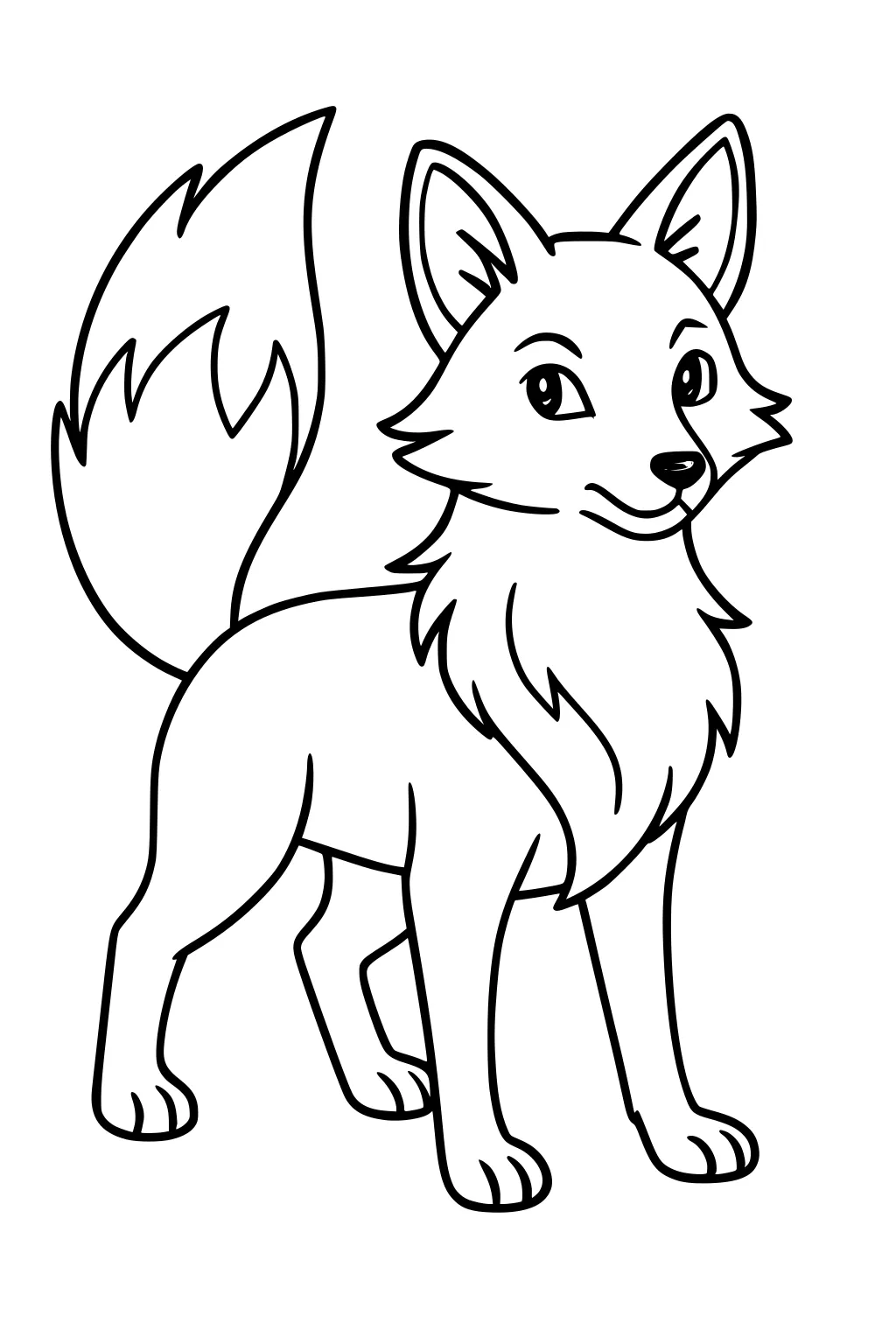 Cartoon fox standing upright with bushy tail, large pointed ears, fluffy chest, and gentle smile.
