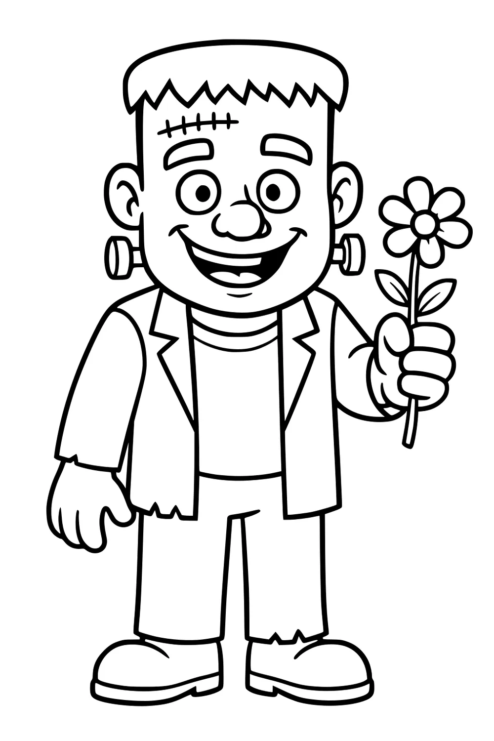 Smiling Frankenstein boy with flat hair, neck bolts, stitched forehead, ragged jacket, holding a daisy in his hand.