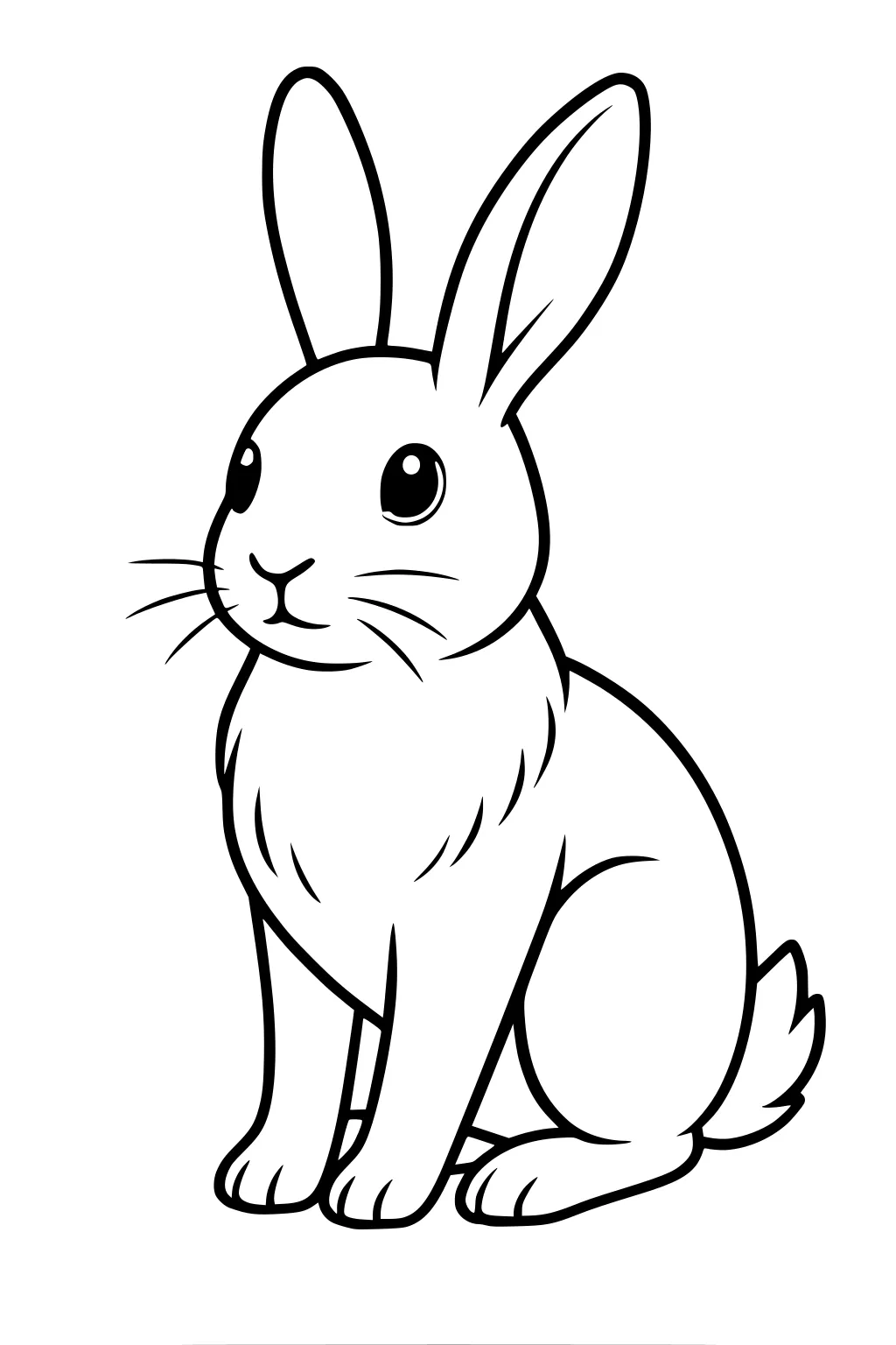 Rabbit sitting upright with long ears, round eyes, whiskers, and a fluffy tail, facing forward in a simple outline drawing.