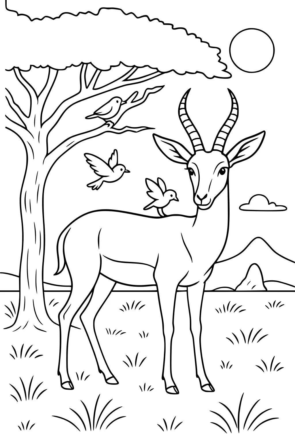 Gazelle with curved horns stands in grass, two birds on her back, flying bird, large tree, sun, hills, and a small cloud.