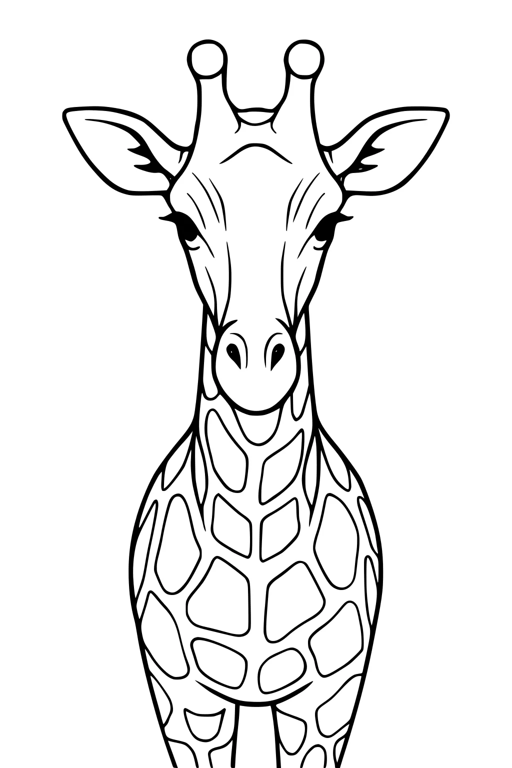 Front view of a giraffe with long neck, big ears, and patchy spots, drawn with bold lines on a white background.
