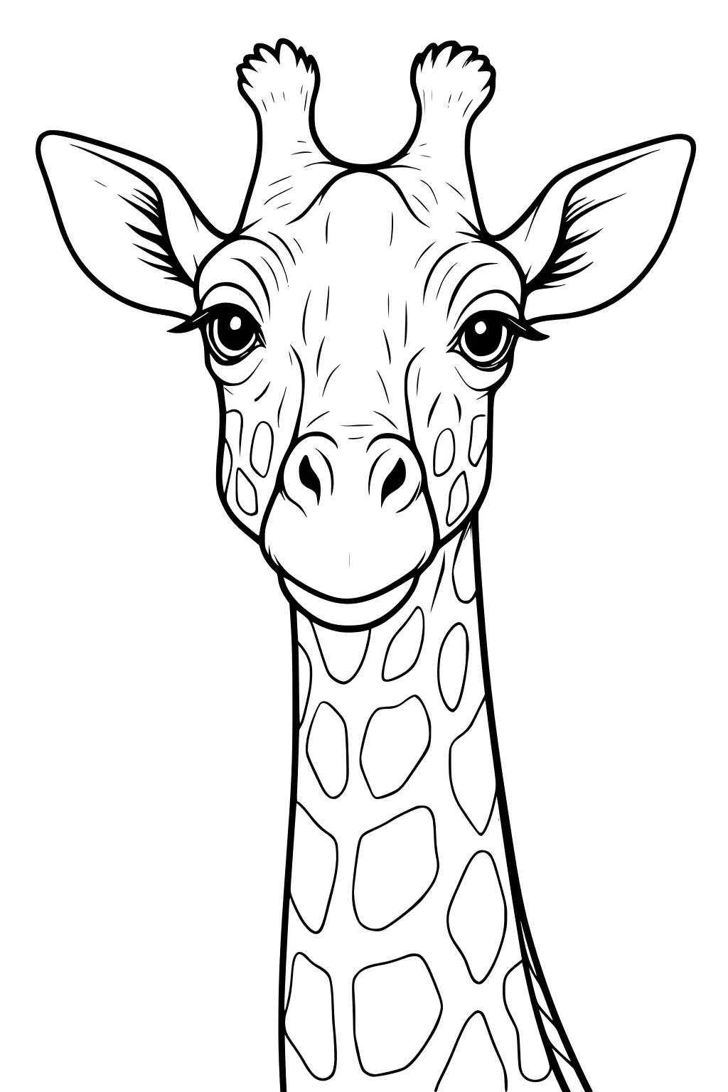 Simple black and white line art of a giraffe's face and neck with big ears, ossicones, and large spots.