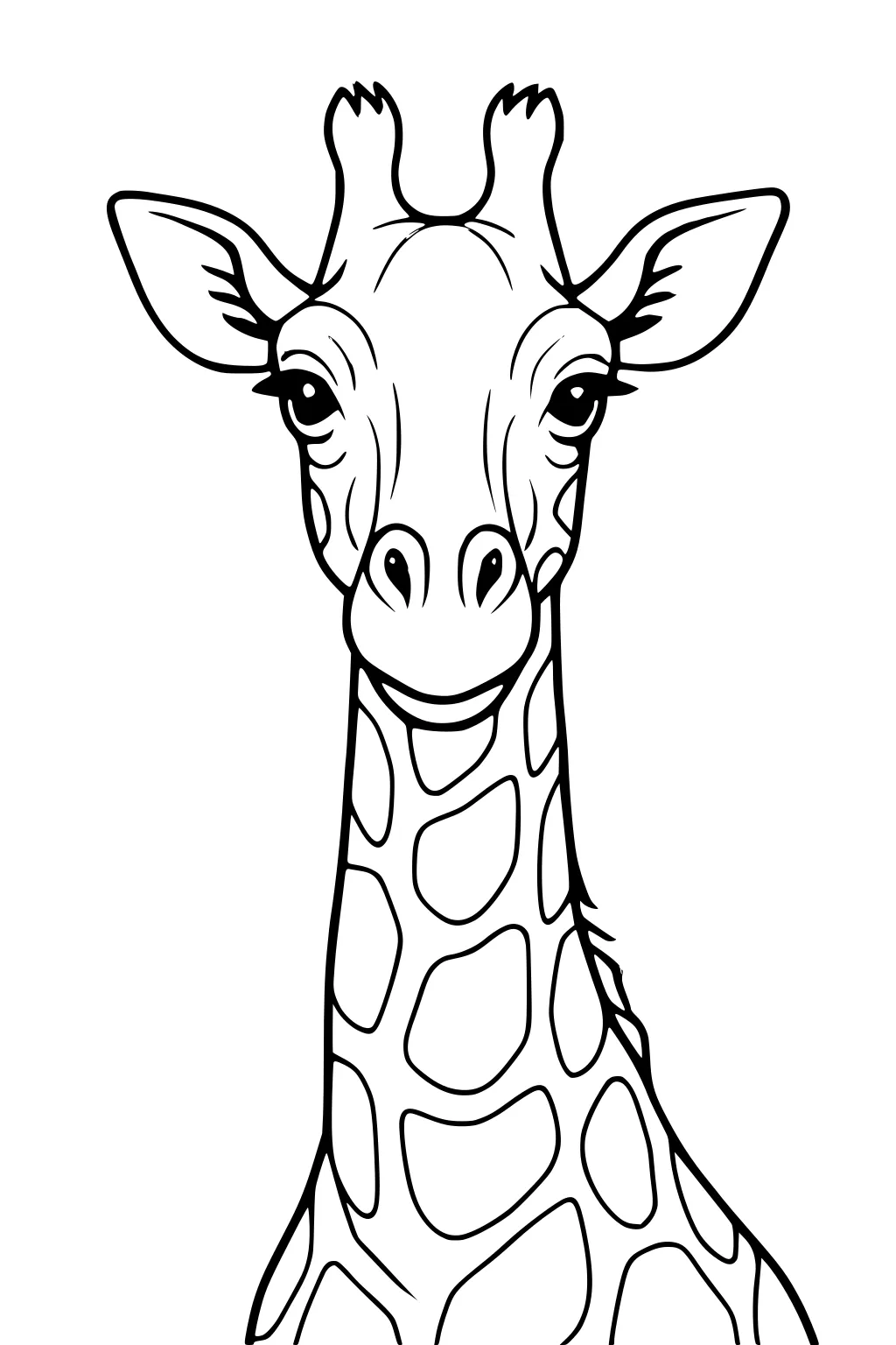 Line drawing of a giraffe with large ears, long neck, and patterned spots looking straight ahead.