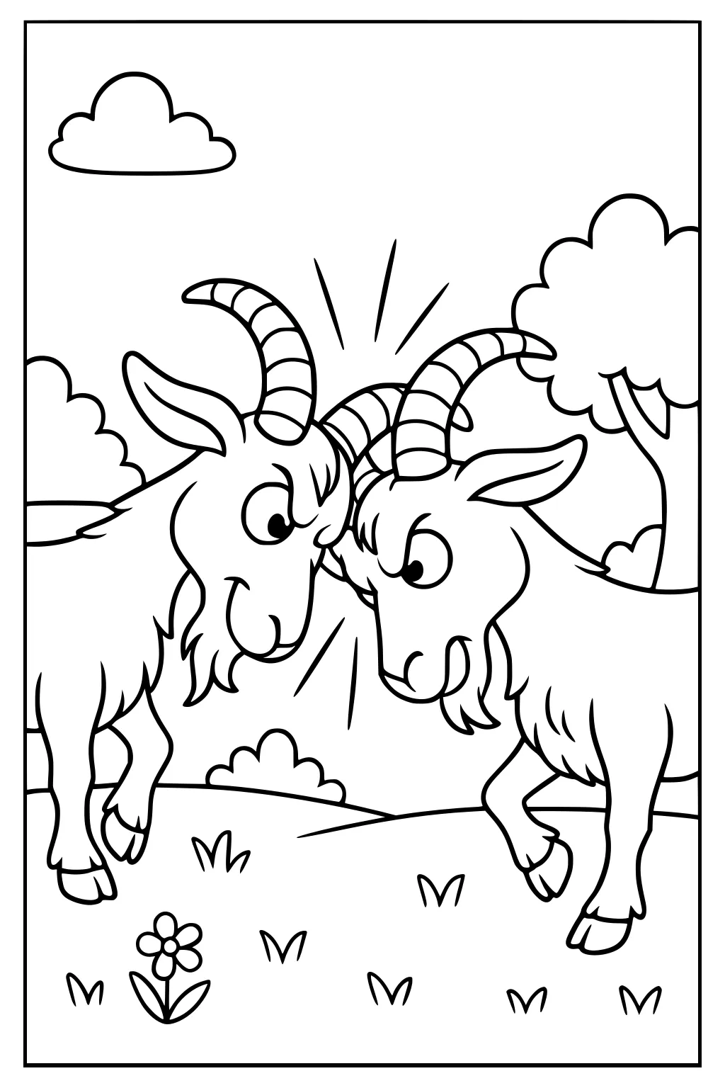 Two goats bumping heads in a grassy field with horns touching, a flower, trees, and clouds in the background.