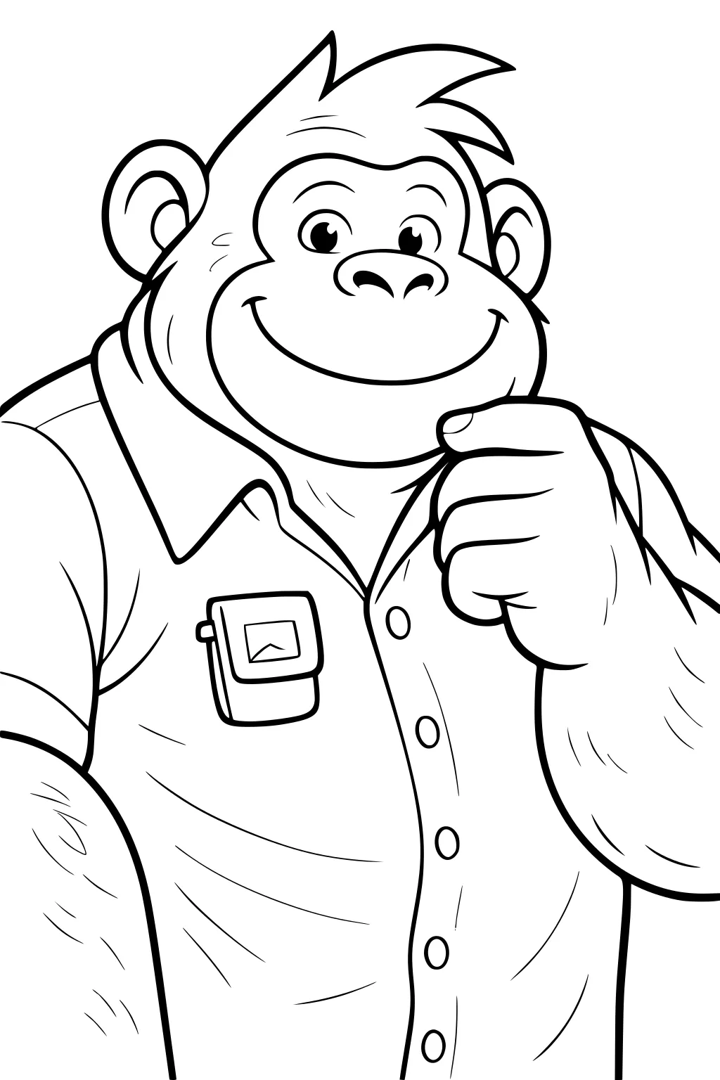 Cartoon gorilla wearing a button-up shirt, smiling with one hand near his chin.
