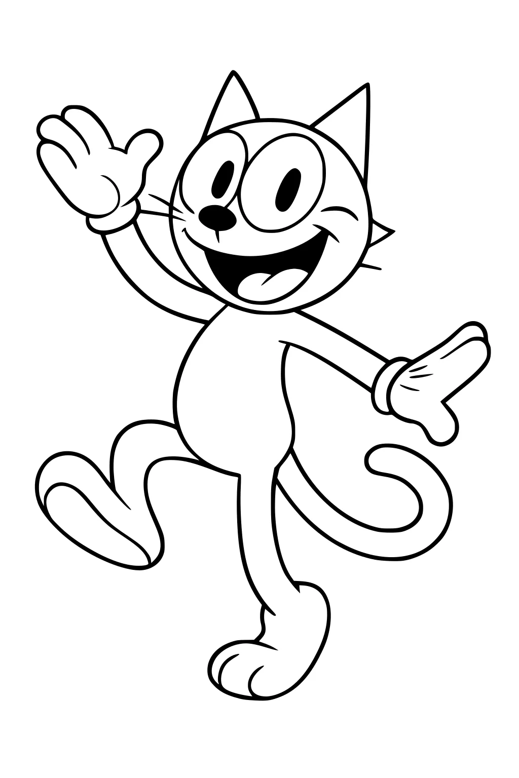 Cartoon cat character standing, waving, open smile, big eyes, wearing gloves, and lifting one leg