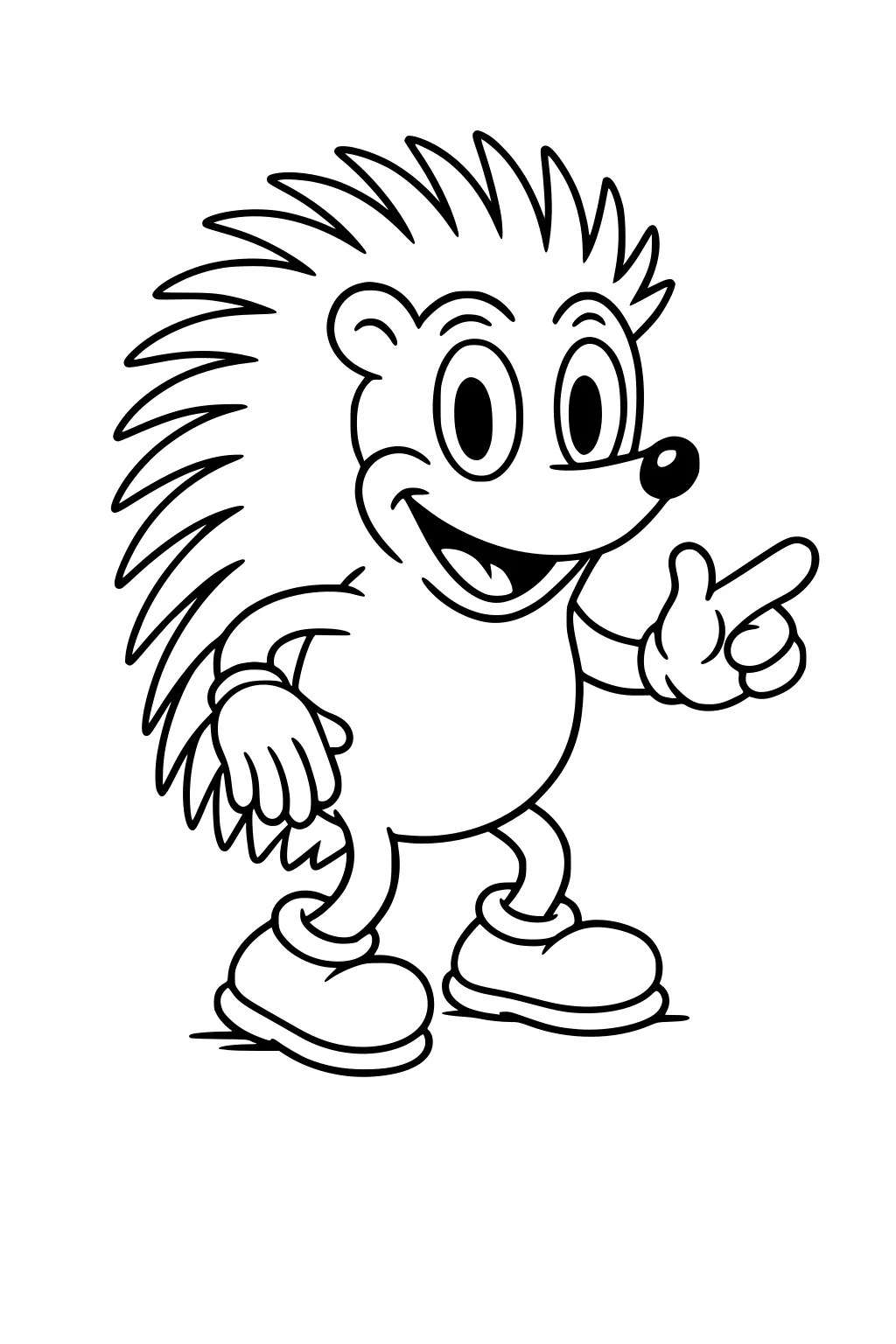 Cartoon hedgehog with big sneakers, wide smile, spiky quills, cartoon gloves, and one hand pointing outward.