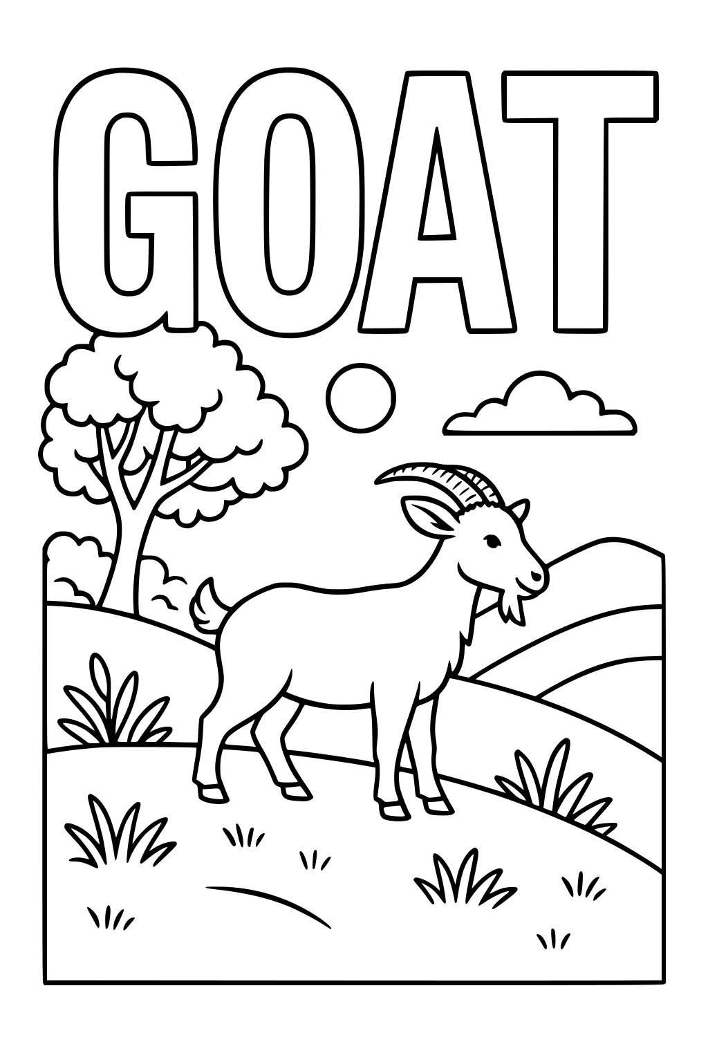 Goat with beard and curved horns stands on a grassy hill, tree and sun behind, large GOAT text at top.