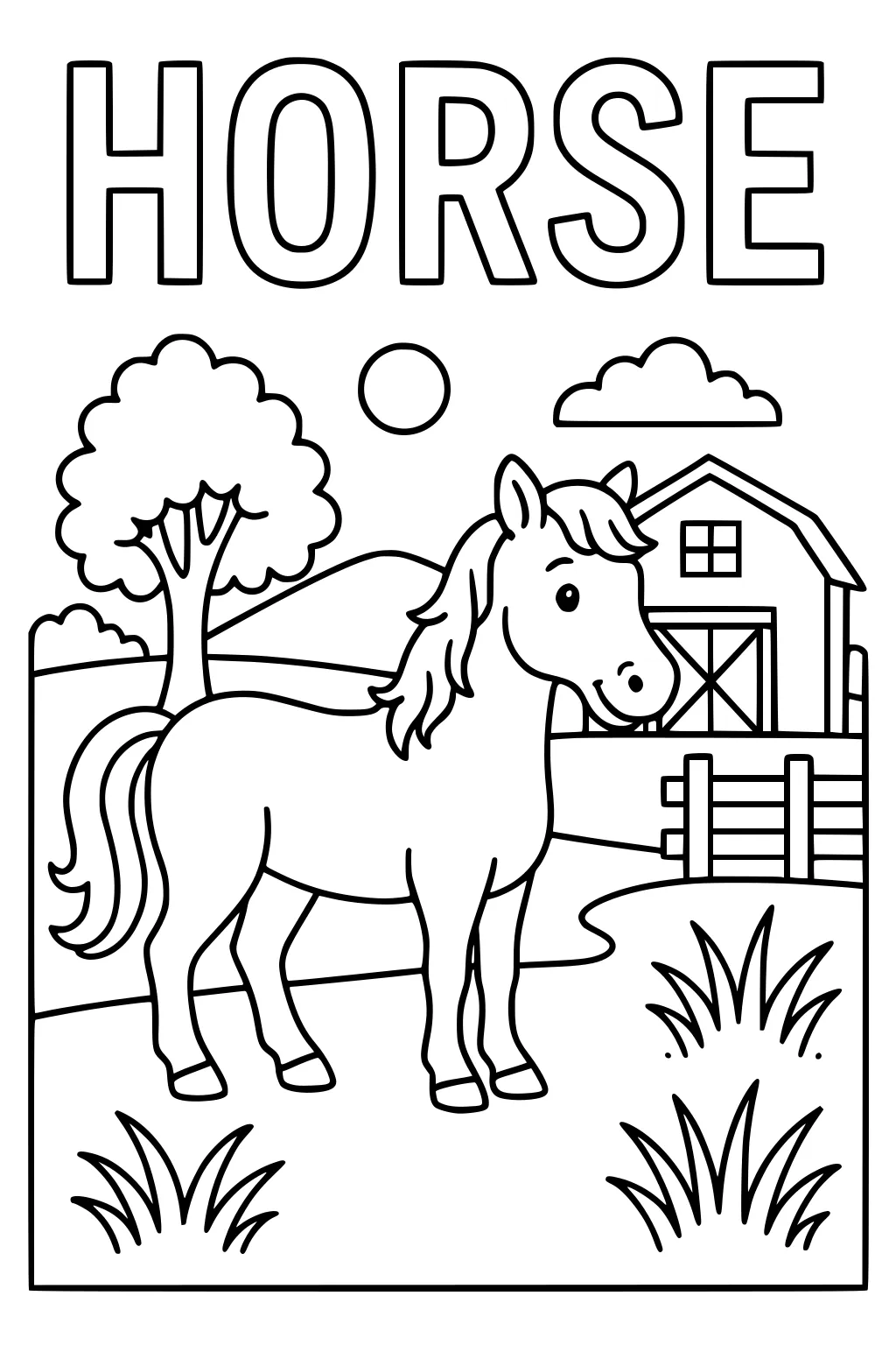 Horse standing on grass with barn, fence, tree, sun, hill, and cloud in the background, bold outlines.