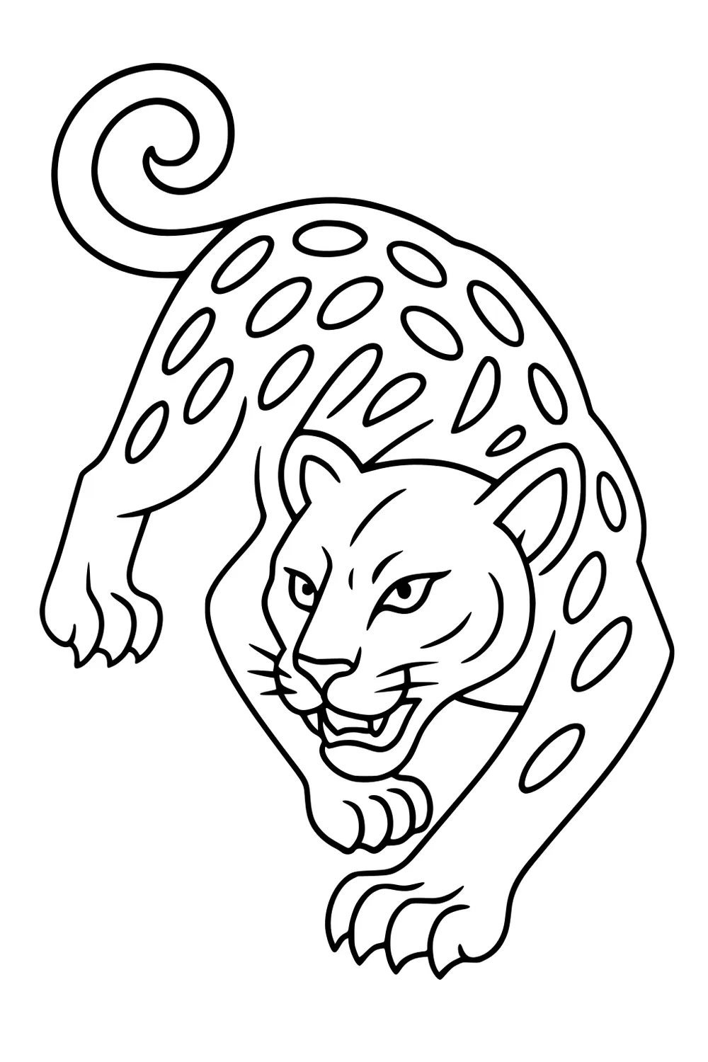 Leopard with oval spots crouching, tail curled, mouth open, and front paws extended in front.