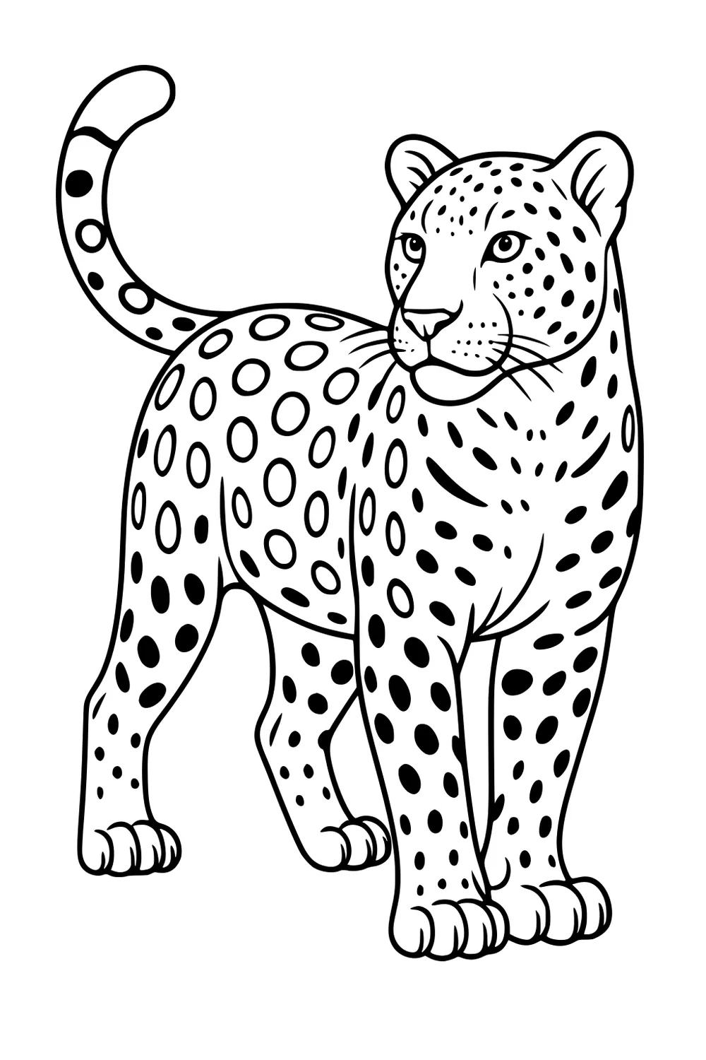 Outlined drawing of a leopard standing with a curled tail and bold spots across its body.