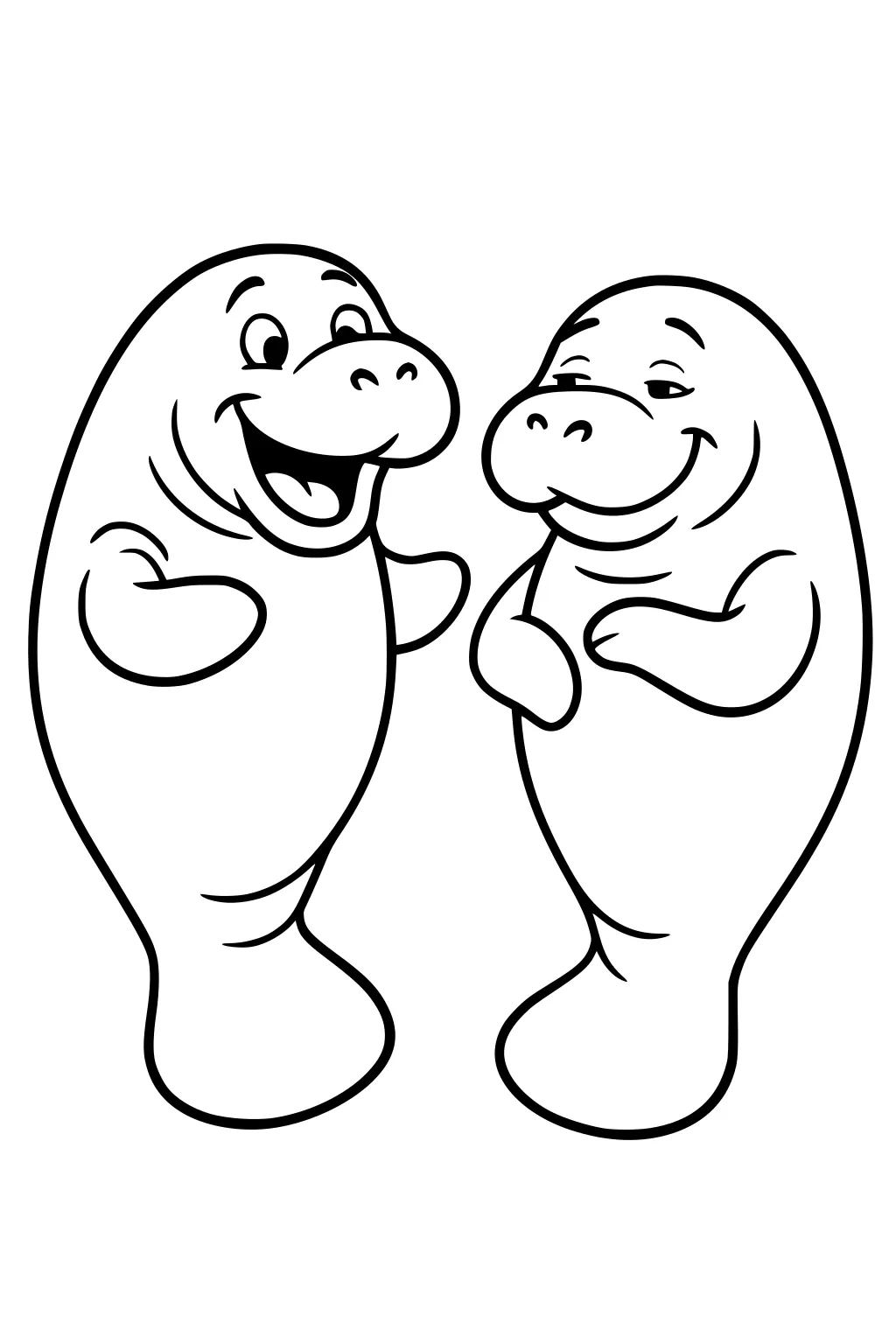 Two cartoon manatees smiling and raising their flippers, with friendly faces and rounded bodies.