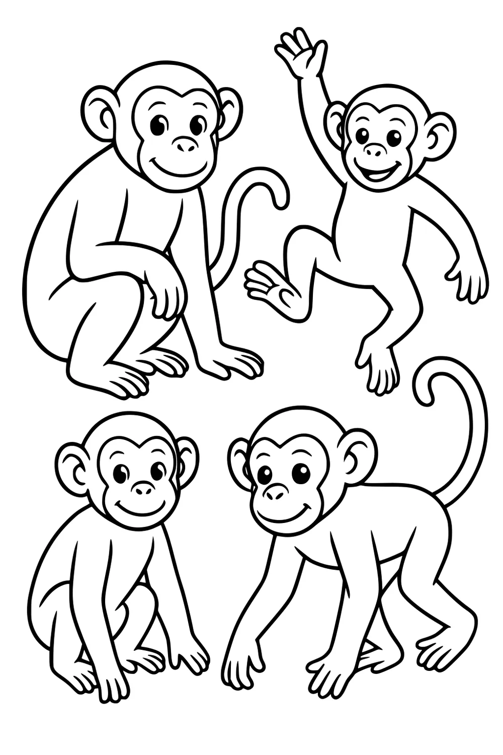 Four cartoon monkeys with big smiles and curled tails, sitting, crawling, and waving in friendly poses.