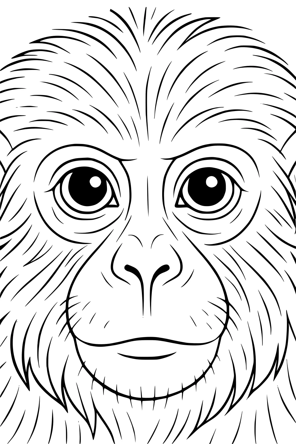 Black and white illustration of a monkey's face with large eyes, detailed fur, small nose, and closed mouth, front view.