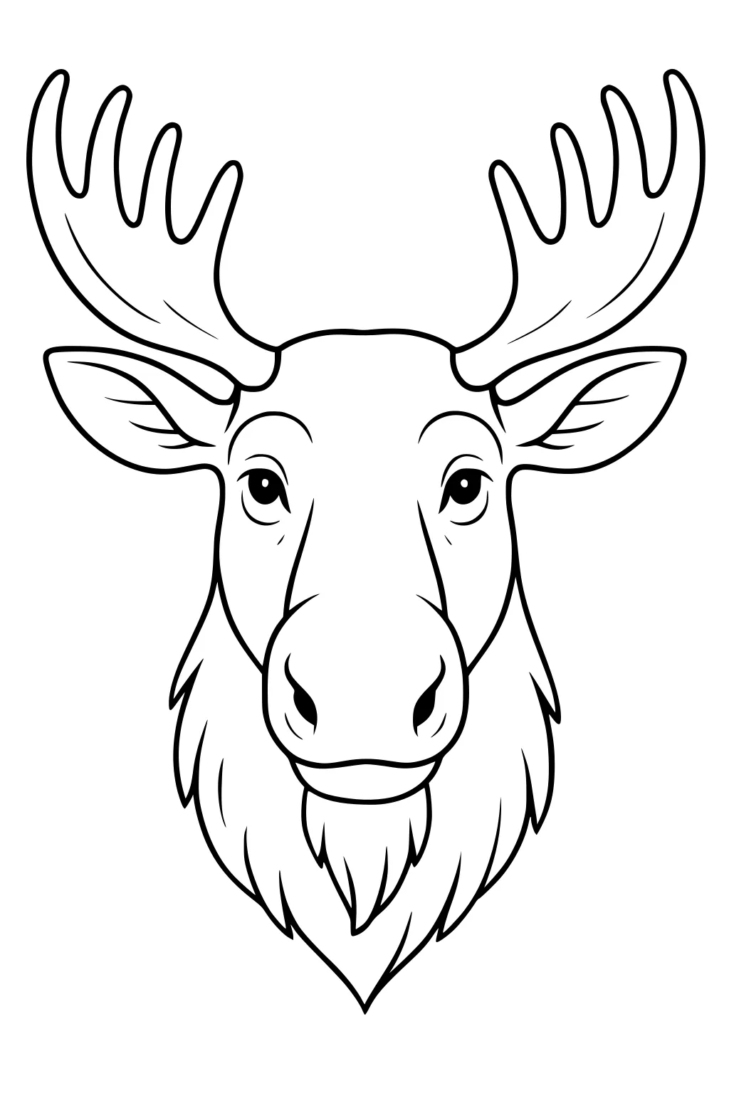 Moose head with large antlers and fuzzy chin, black outline on white background.