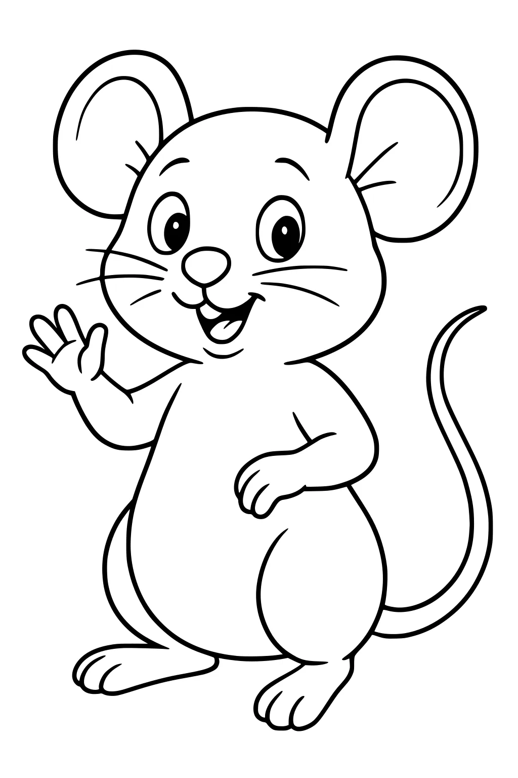 Cartoon mouse with big round ears and a long tail waving with a happy smile.