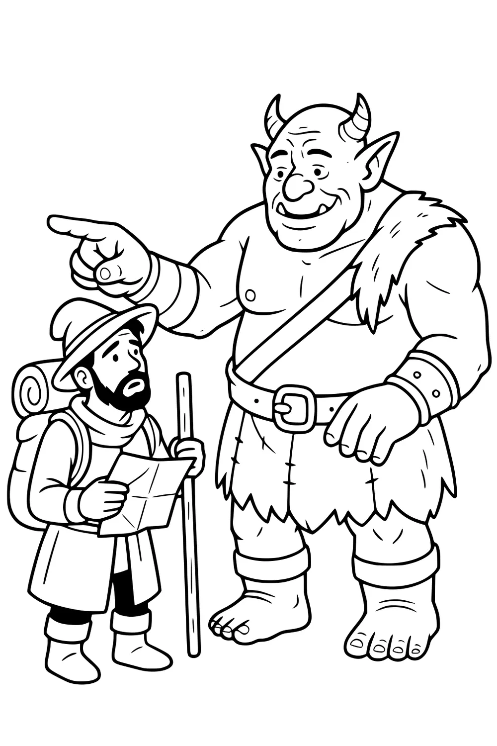 Horned ogre points as a bearded traveler with hat, backpack, map, and walking stick listens. Simple black-and-white line art.