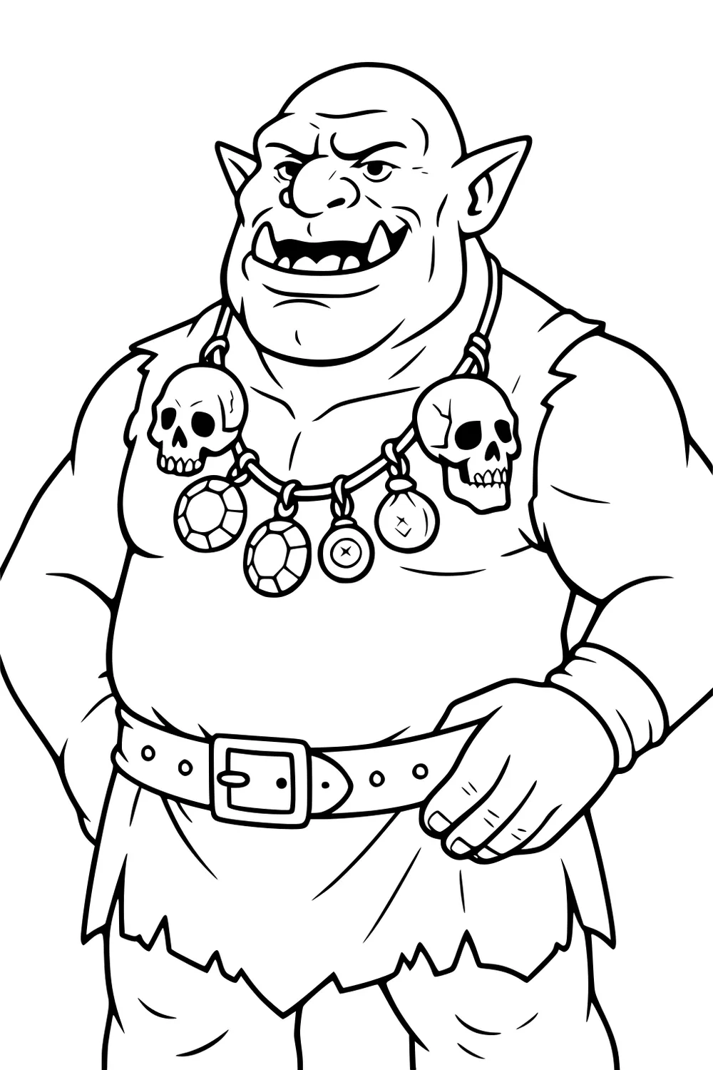 Cartoon ogre with toothy grin, pointy ears, skull-and-token necklace, ragged tunic, wide belt, and wristband, standing with hand on buckle.