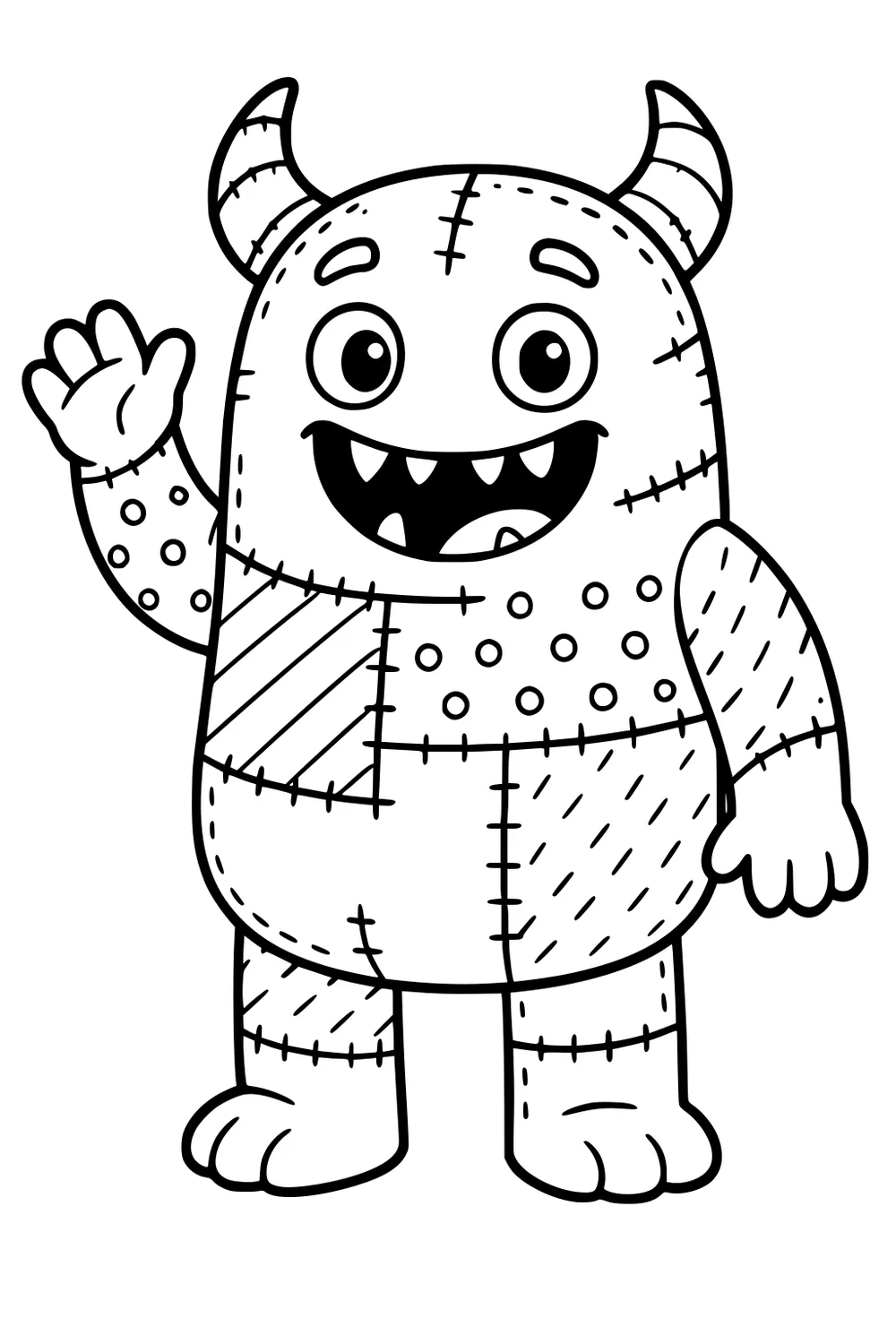 Waving patchwork monster with two striped horns, big eyes, toothy smile, and dotted, striped textures in bold outlines.