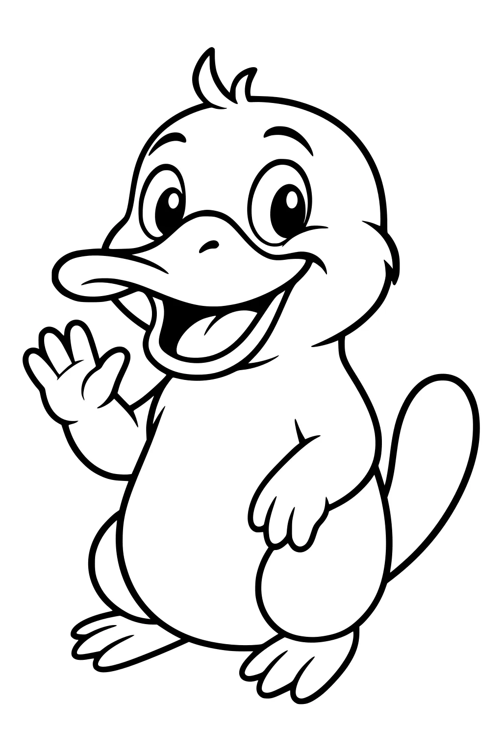 Cartoon platypus waving and smiling with big eyes, rounded body, flat bill, and a curved tail.