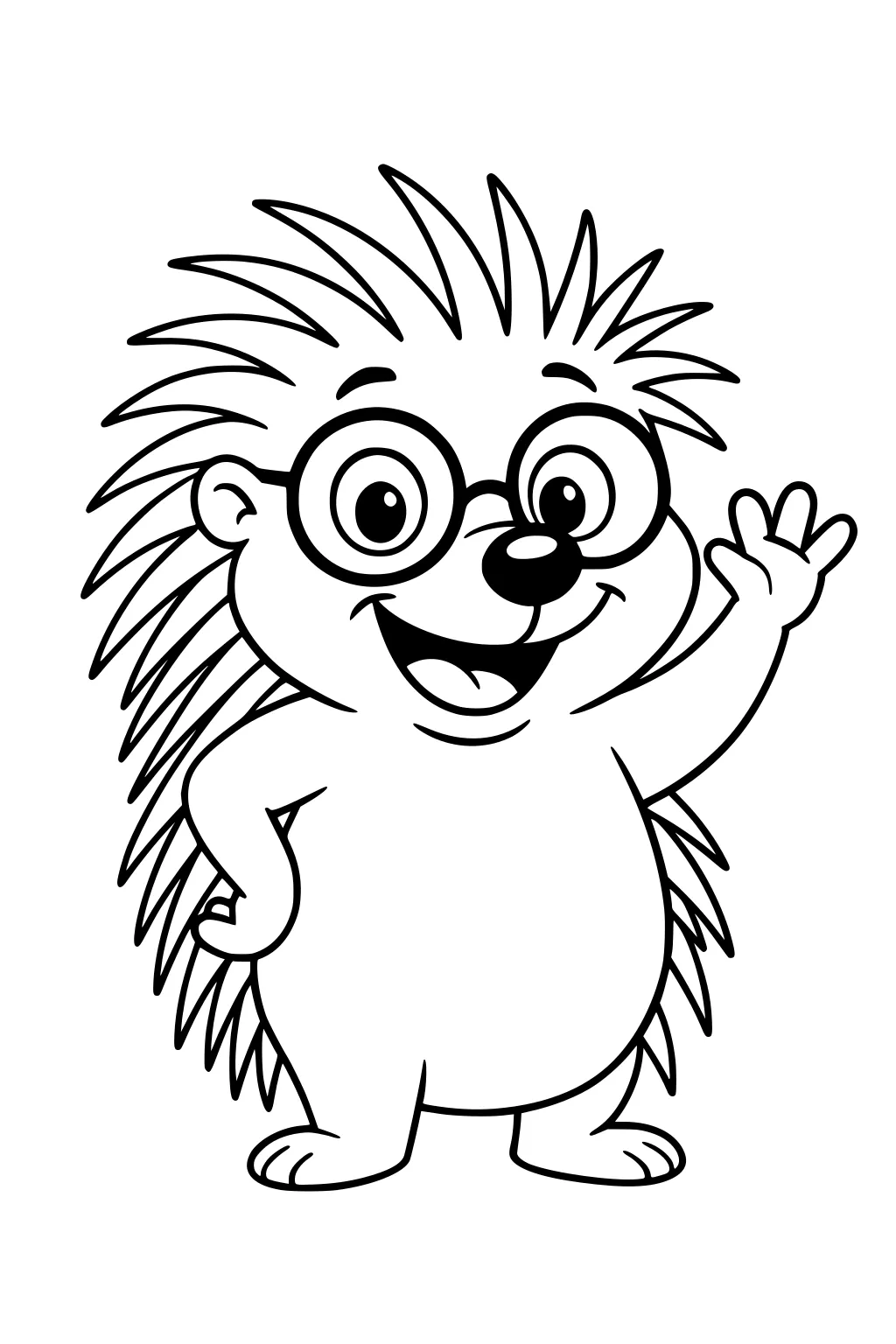 Cartoon porcupine with glasses waves and smiles, showing spiky quills and a plump belly.