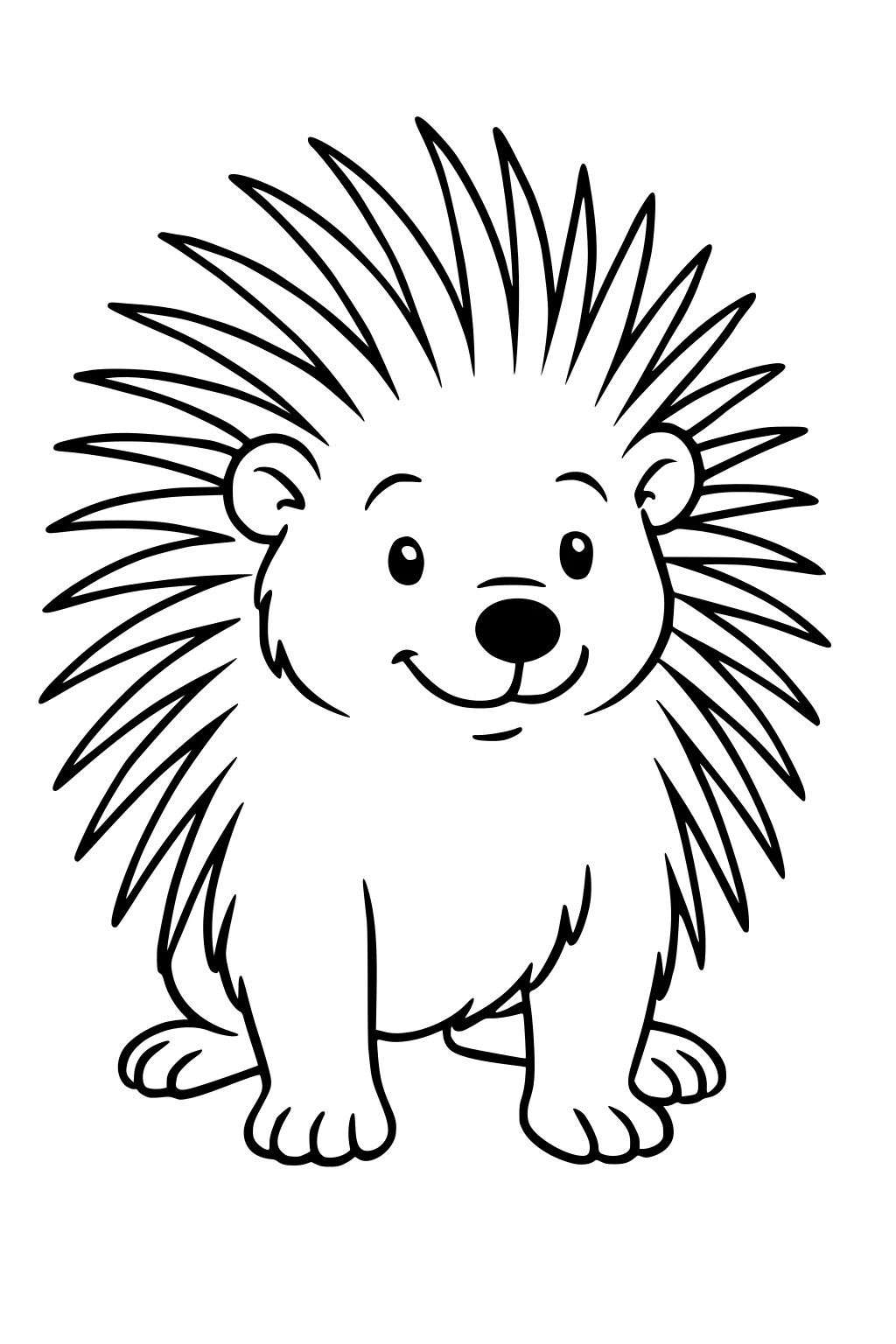 Cartoon porcupine with big eyes, wide smile, short legs, and long quills standing upright on a blank background.