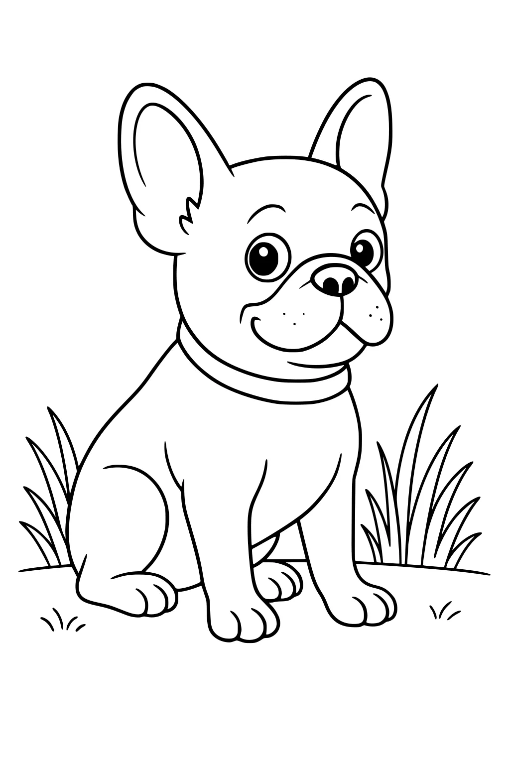 Cartoon dog with big ears sitting in grass, smiling with collar around neck.