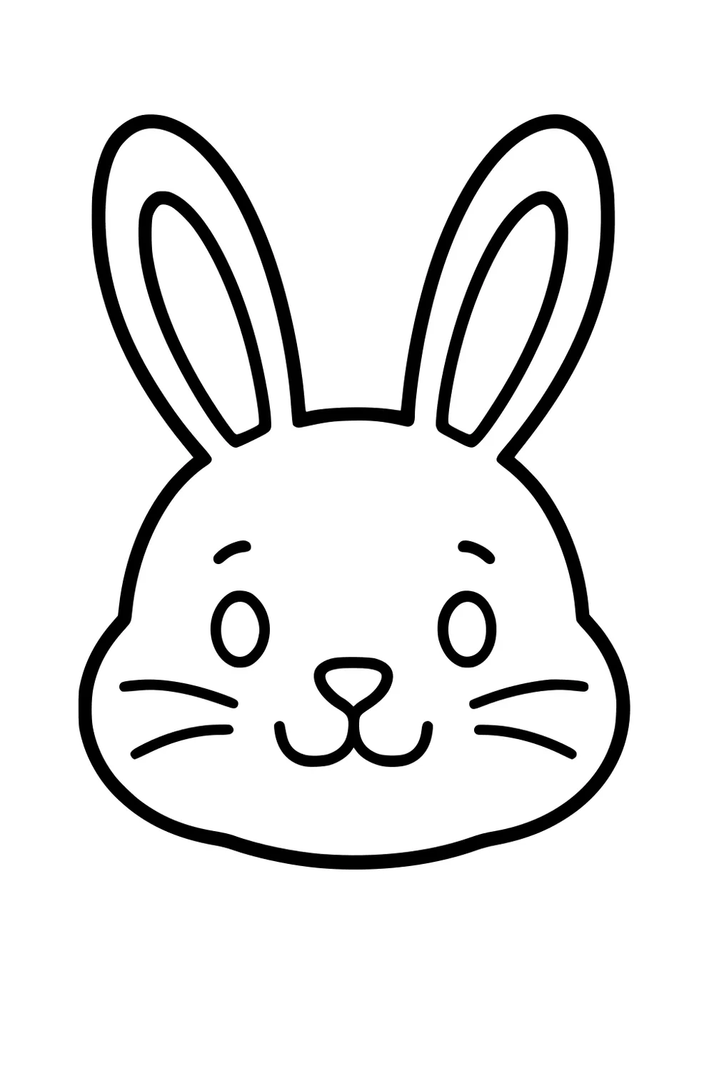 Outline drawing of a bunny face with long ears, a round nose, small eyes, and short whiskers on plain background.
