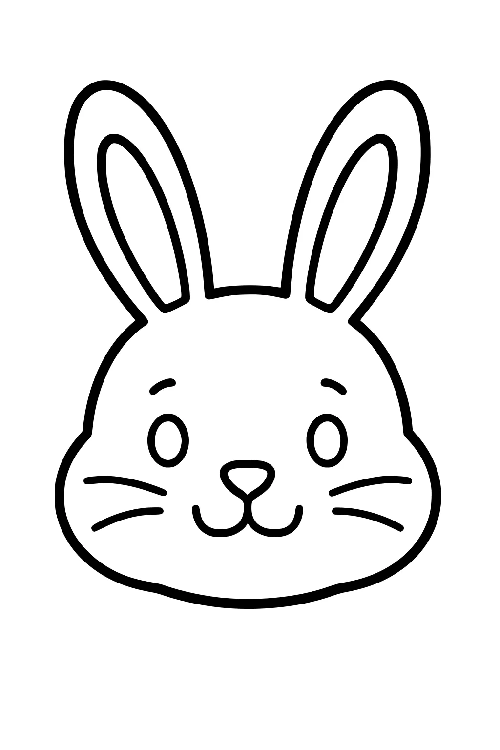 Outline drawing of a bunny face with long ears, a round nose, small eyes, and short whiskers on plain background.