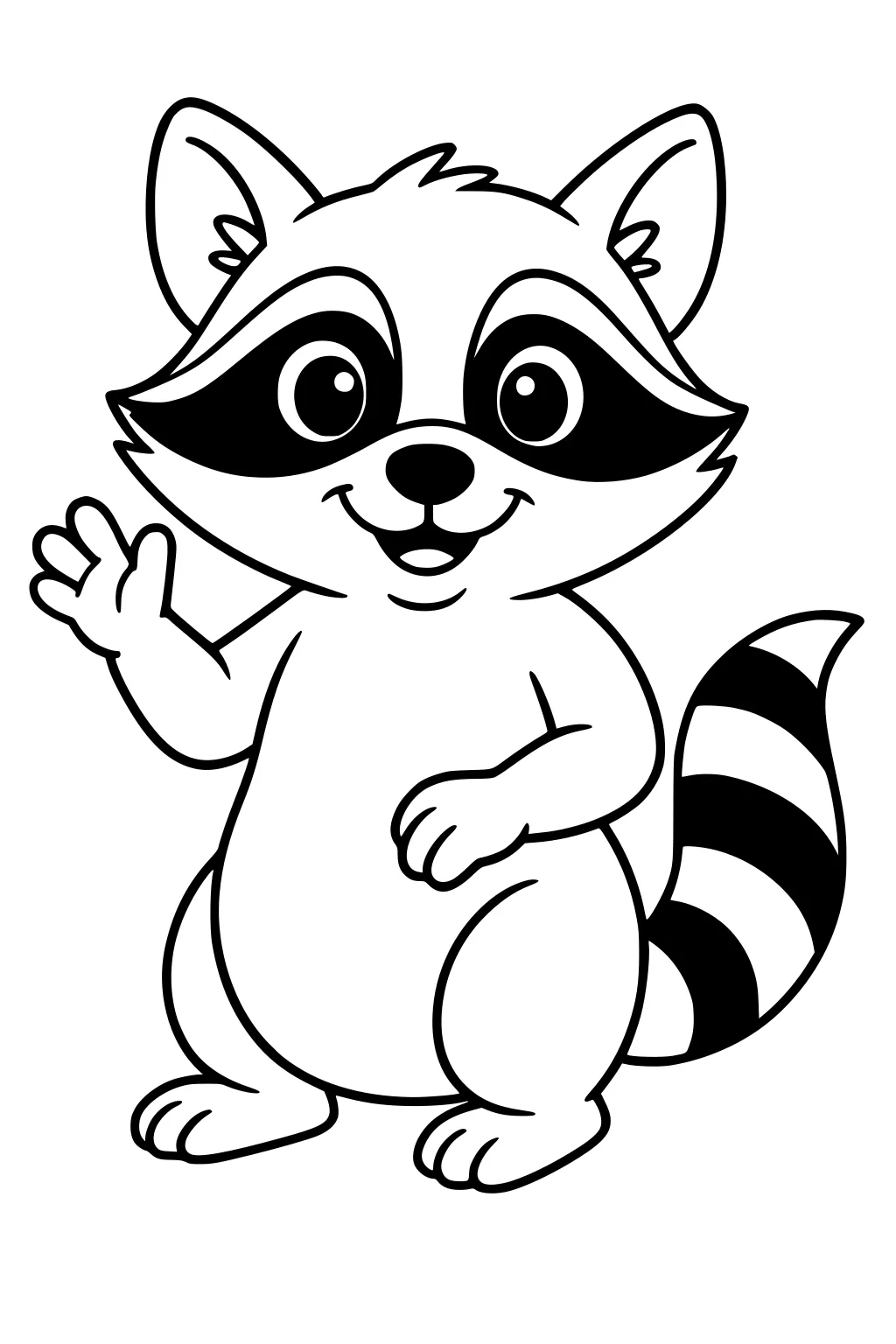 Smiling cartoon raccoon standing and waving, with big eyes and a striped tail.