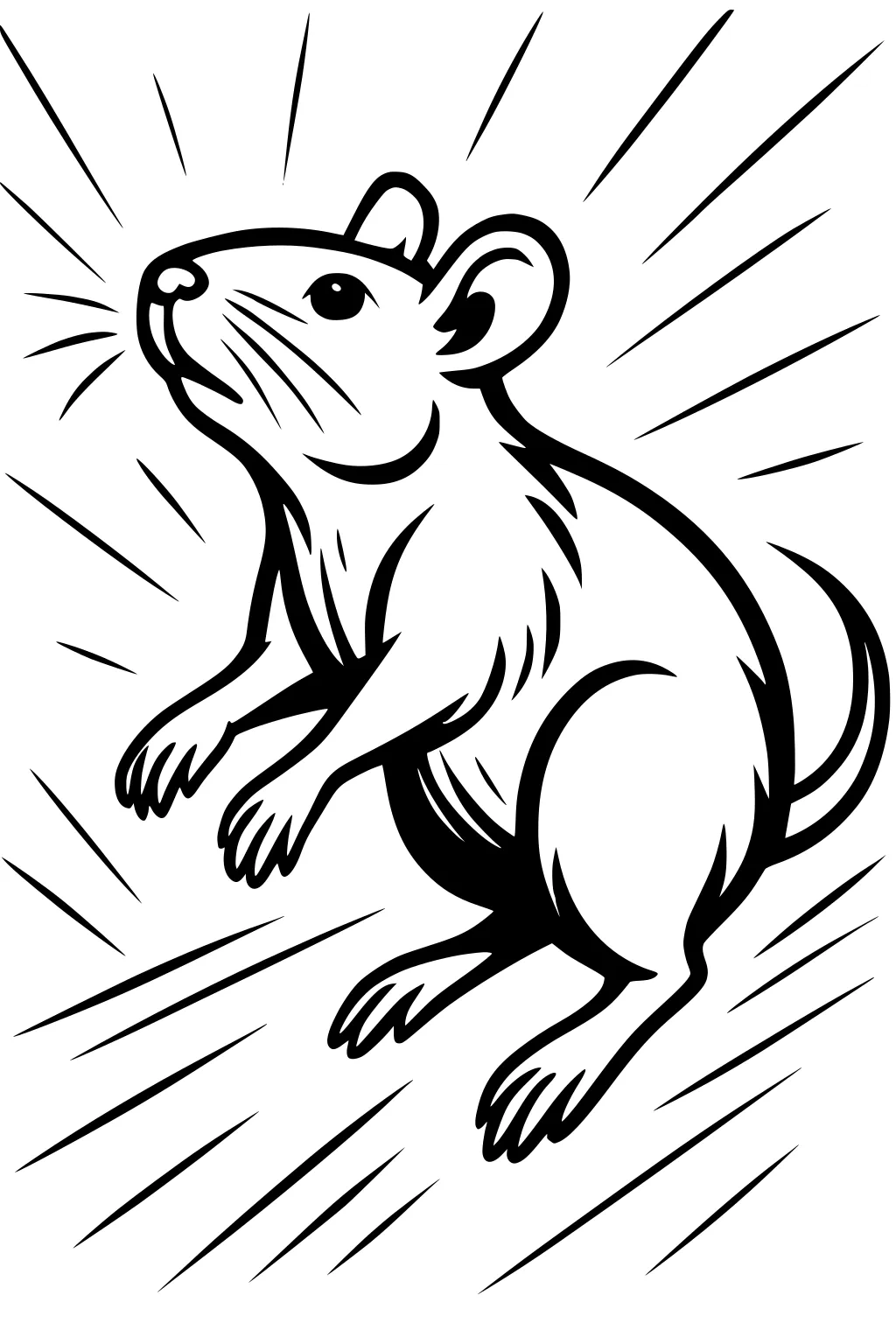 Cartoon rat sitting up with whiskers, rounded ears, long tail, and movement lines radiating outward.