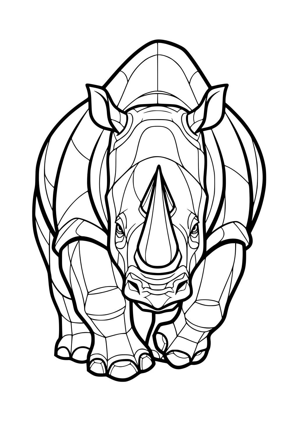 Rhinoceros facing forward with prominent horn, detailed lines for skin and body, standing on all four legs.
