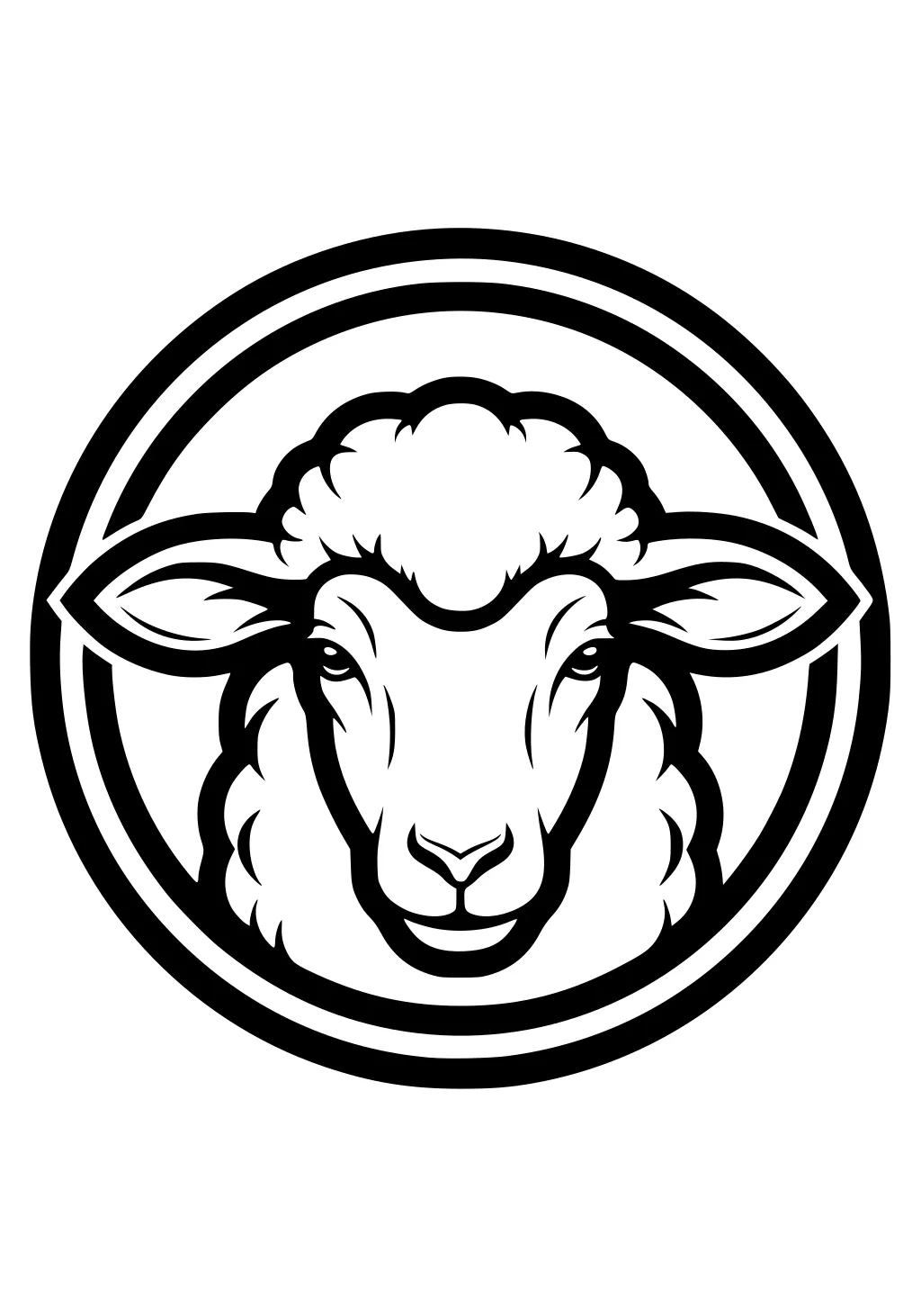 Sheep’s head with fluffy wool and wide ears framed by two round circles in black outline.