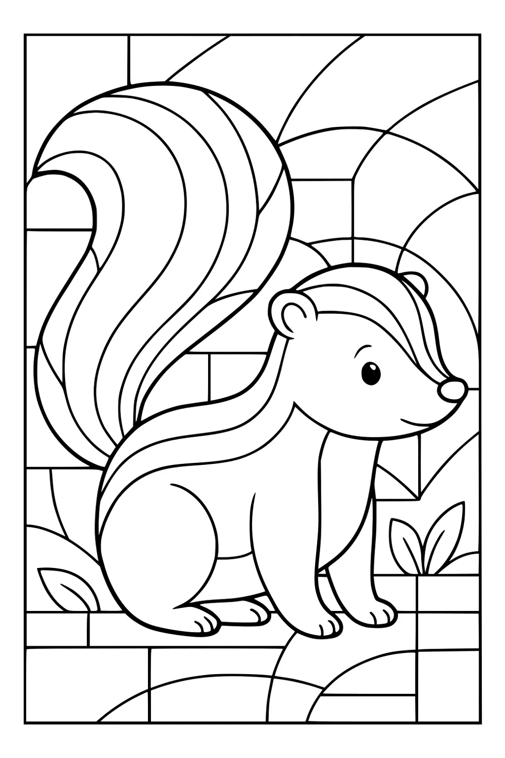 Cartoon skunk with big striped tail, standing on all fours with two leaves and curved geometric background.