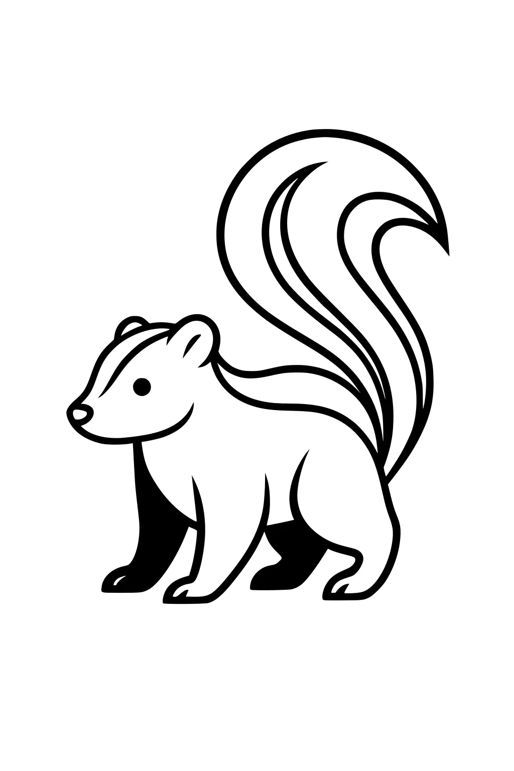 Cartoon skunk with large striped tail, standing on four legs, facing left on a blank background.