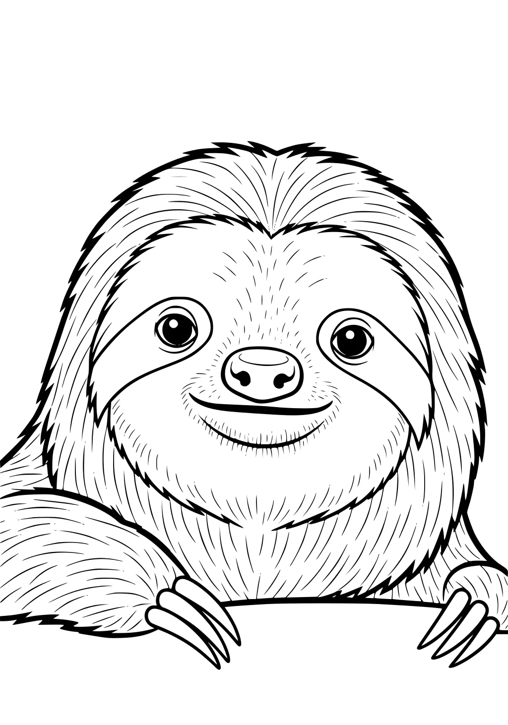Smiling cartoon sloth with fluffy fur, big eyes, and long claws resting on a branch, close up, black and white.