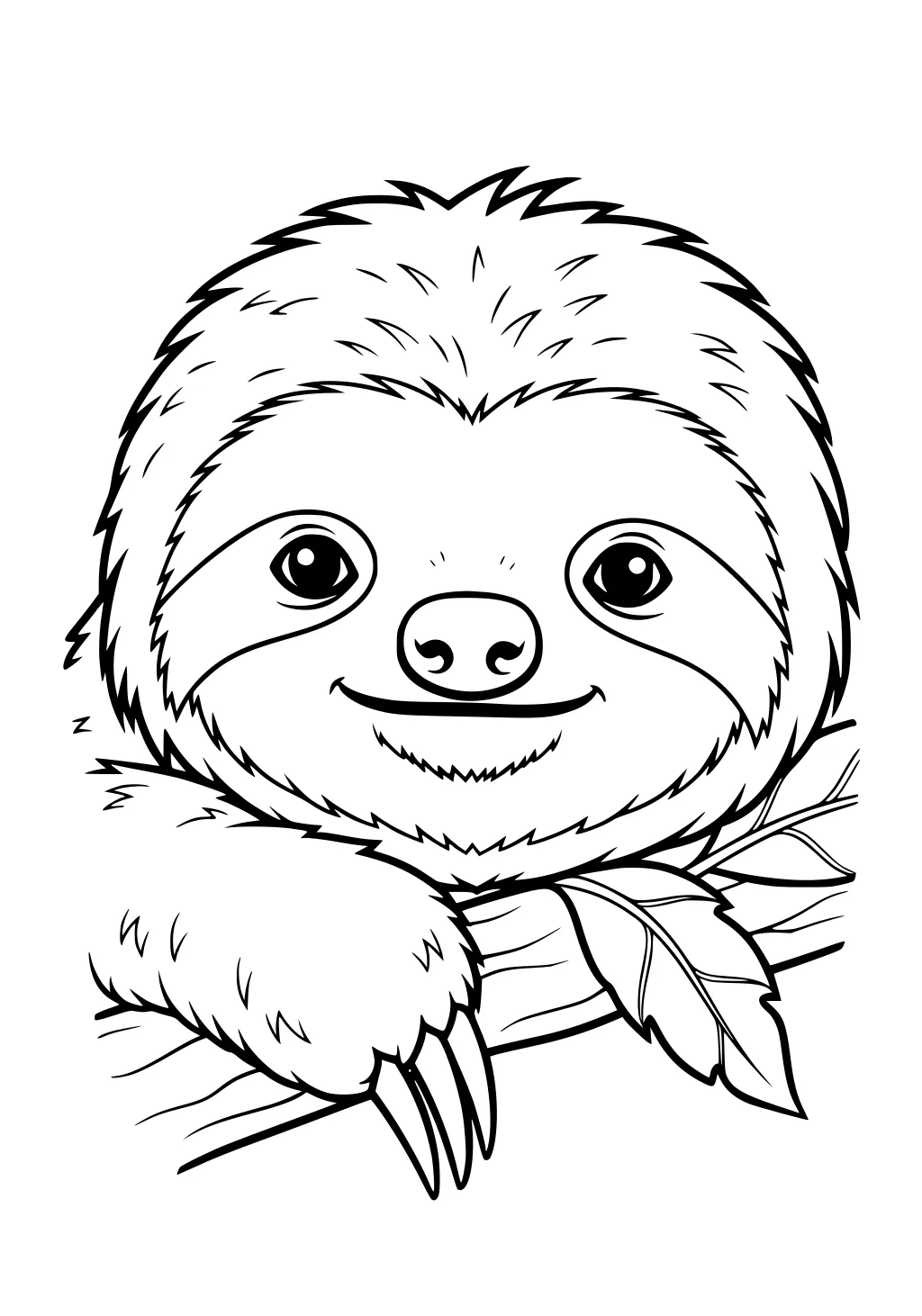 A smiling sloth with fluffy fur hangs on a branch, surrounded by leaves, looking directly forward.