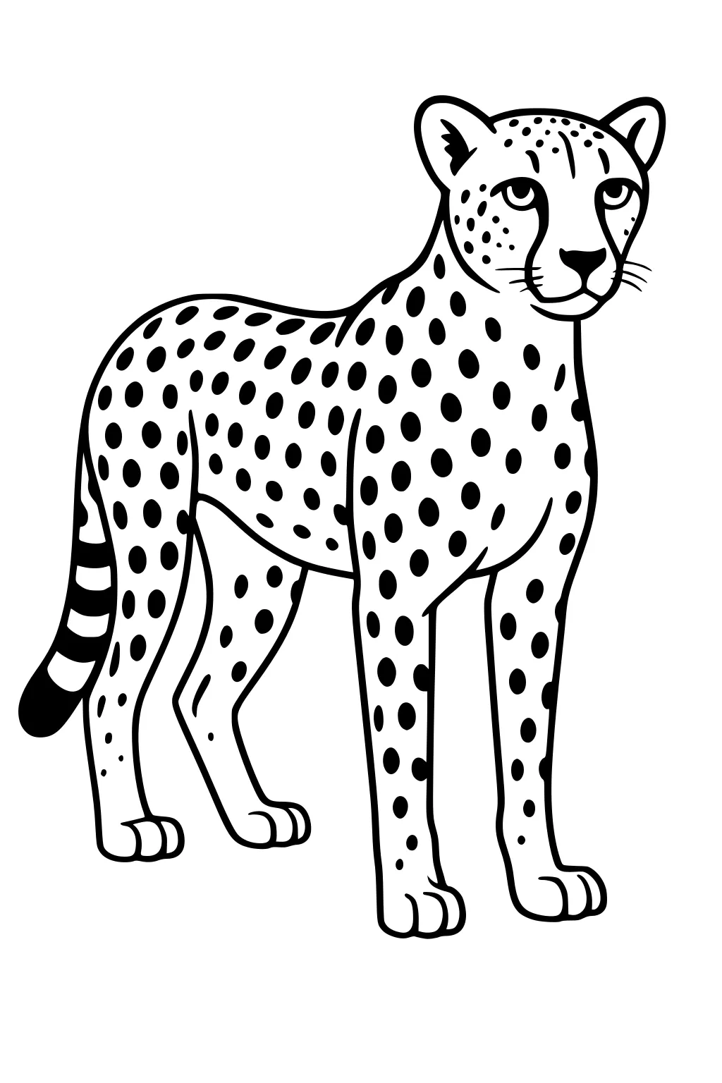 Cheetah with black spots and striped tail standing and looking forward, outlined in a simple cartoon style.