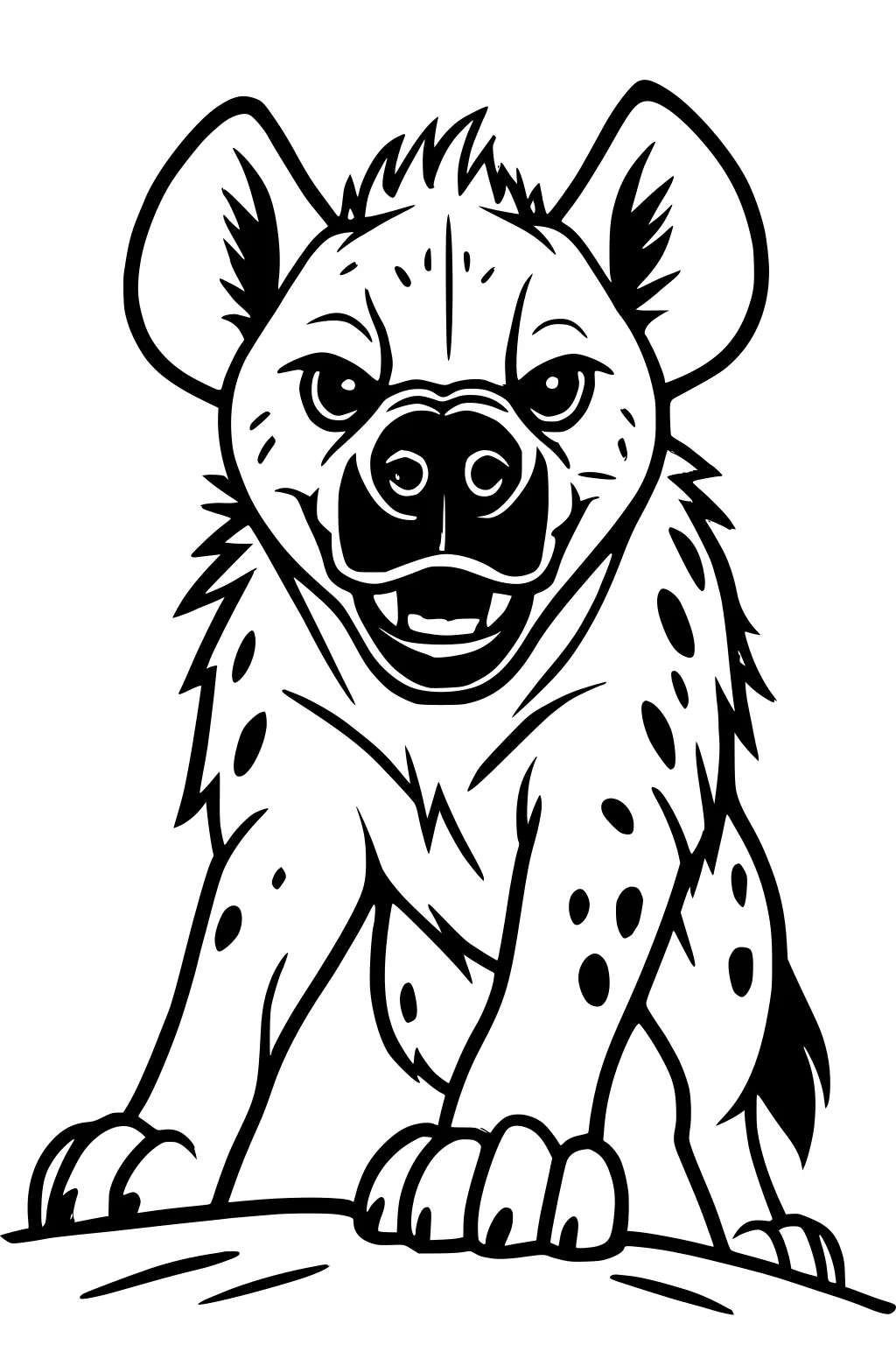 Cartoon hyena with spots, big ears, wide grin, and bushy fur, facing forward with paws on a rocky surface.